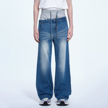 TIWILLTANG Layered Sweatband Washed Denim Pants-Jeans-S-Blue-Free Shipping Leatheretro