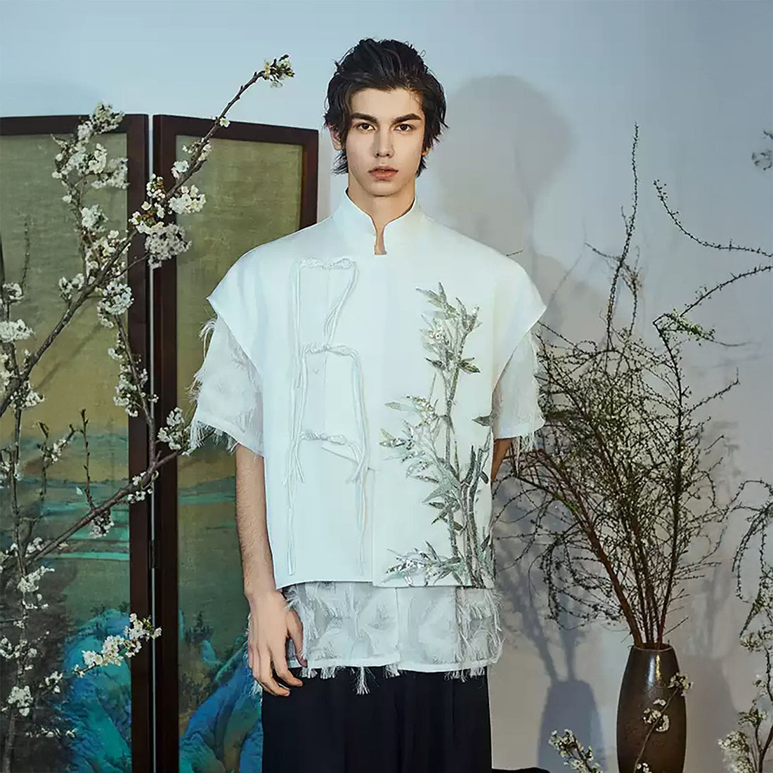 JIECHI Embroidered Bamboo Layered Mandarin Collar Half Shirt-Half shirt-M-Free Shipping Leatheretro