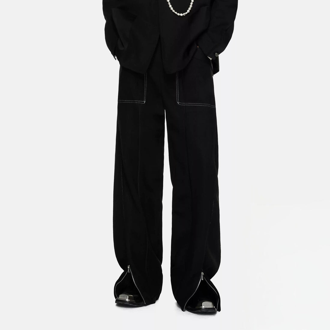 TIWILLTANG Paneled Zipper-Hem Wide-Leg Pants Black-Pants-S (Preorder)-Free Shipping Leatheretro