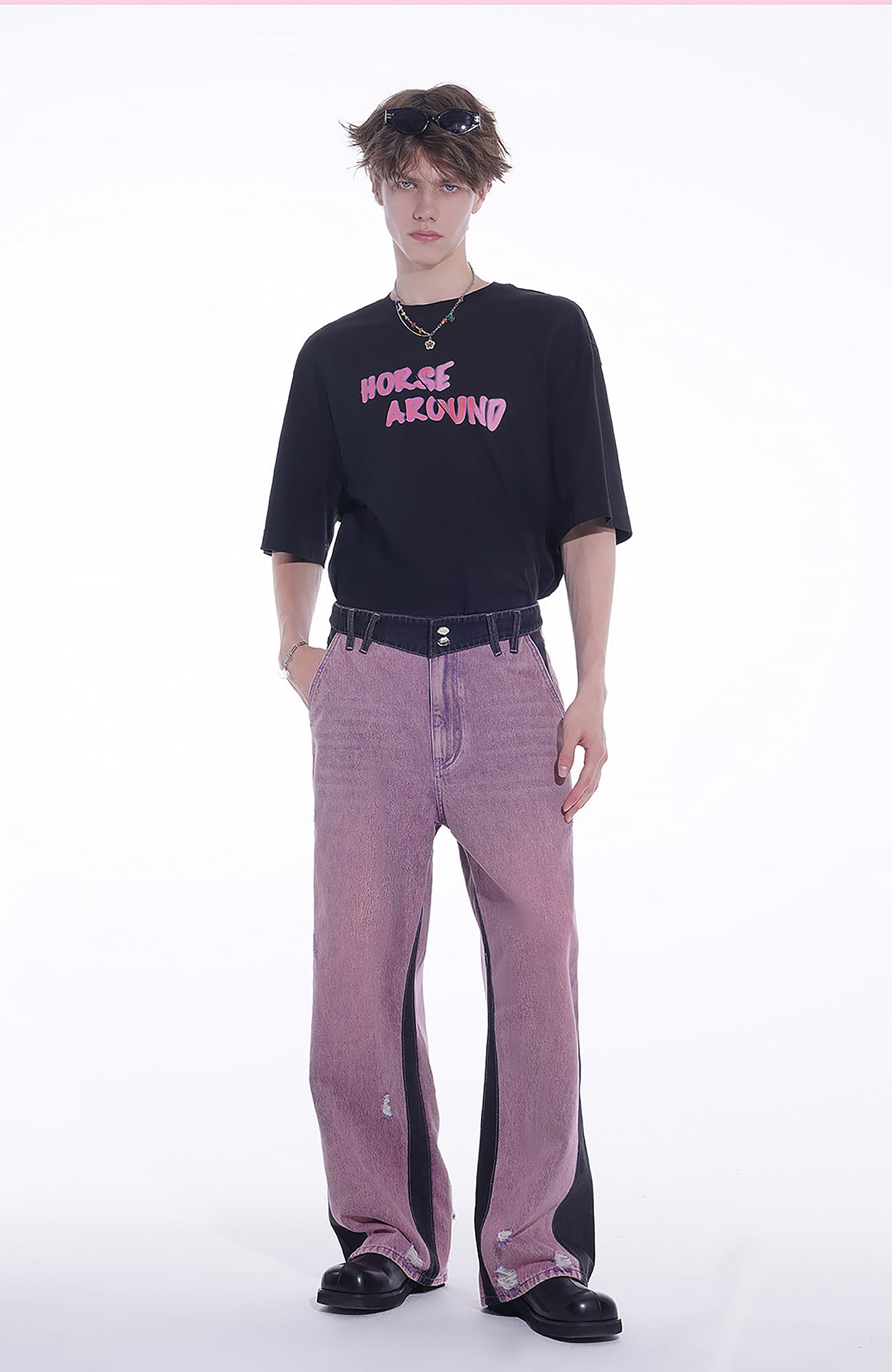 TIWILLTANG Distressed Contrast Paneled Wide-Leg Jeans-Jeans-S-Purple-Free Shipping Leatheretro