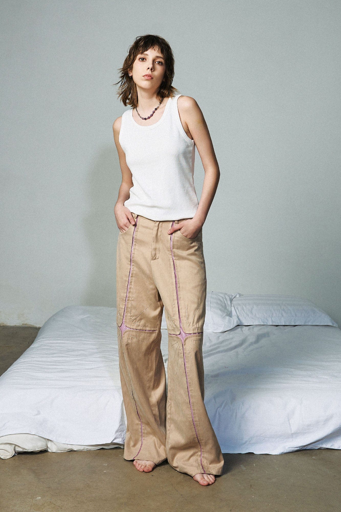 OIPWORD Middle Radiant Star Panel Wide-Leg Pants-Pants-S-Khaki-Free Shipping Leatheretro