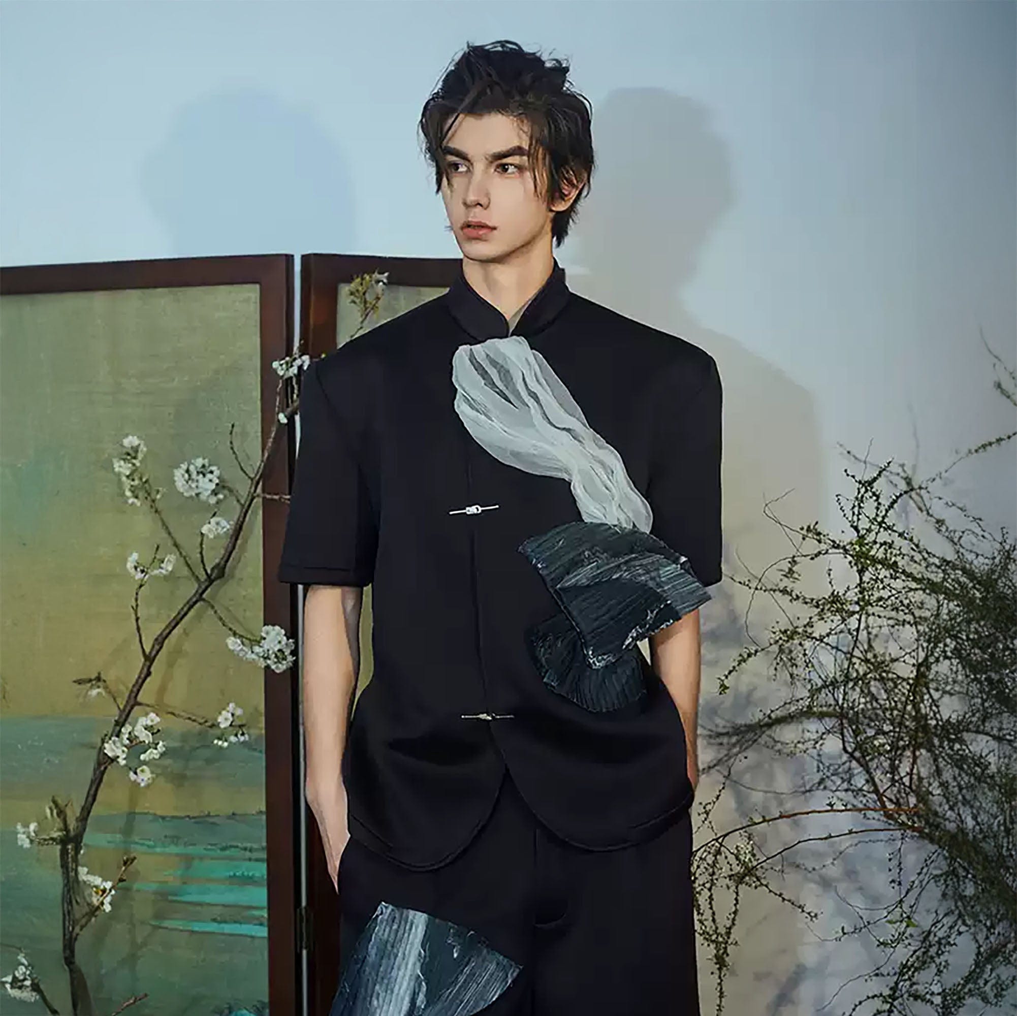 JIECHI Crinkled Tulle Layered Mandarin Collar Half Shirt-Shirt-M-Free Shipping Leatheretro