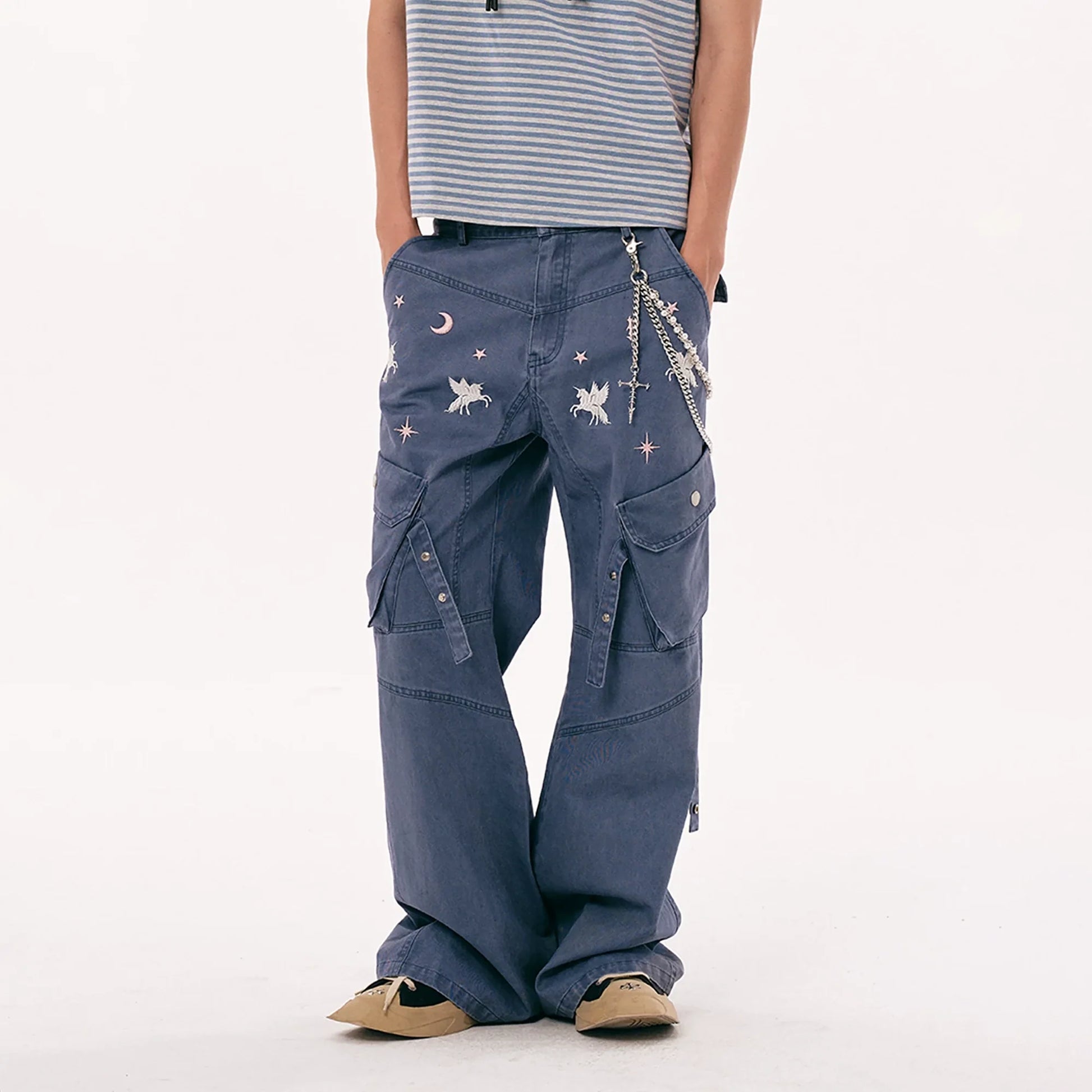 PASET Unicorn Embroidered Cargo Pants-Pants-S / 28"-Free Shipping Leatheretro