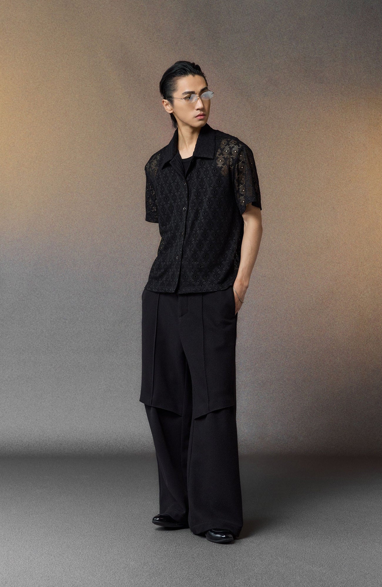 ALVNG AR ANTS Open-Knit Diamond Panel Short-Sleeve Shirt-Shirt-S-Black-Free Shipping Leatheretro