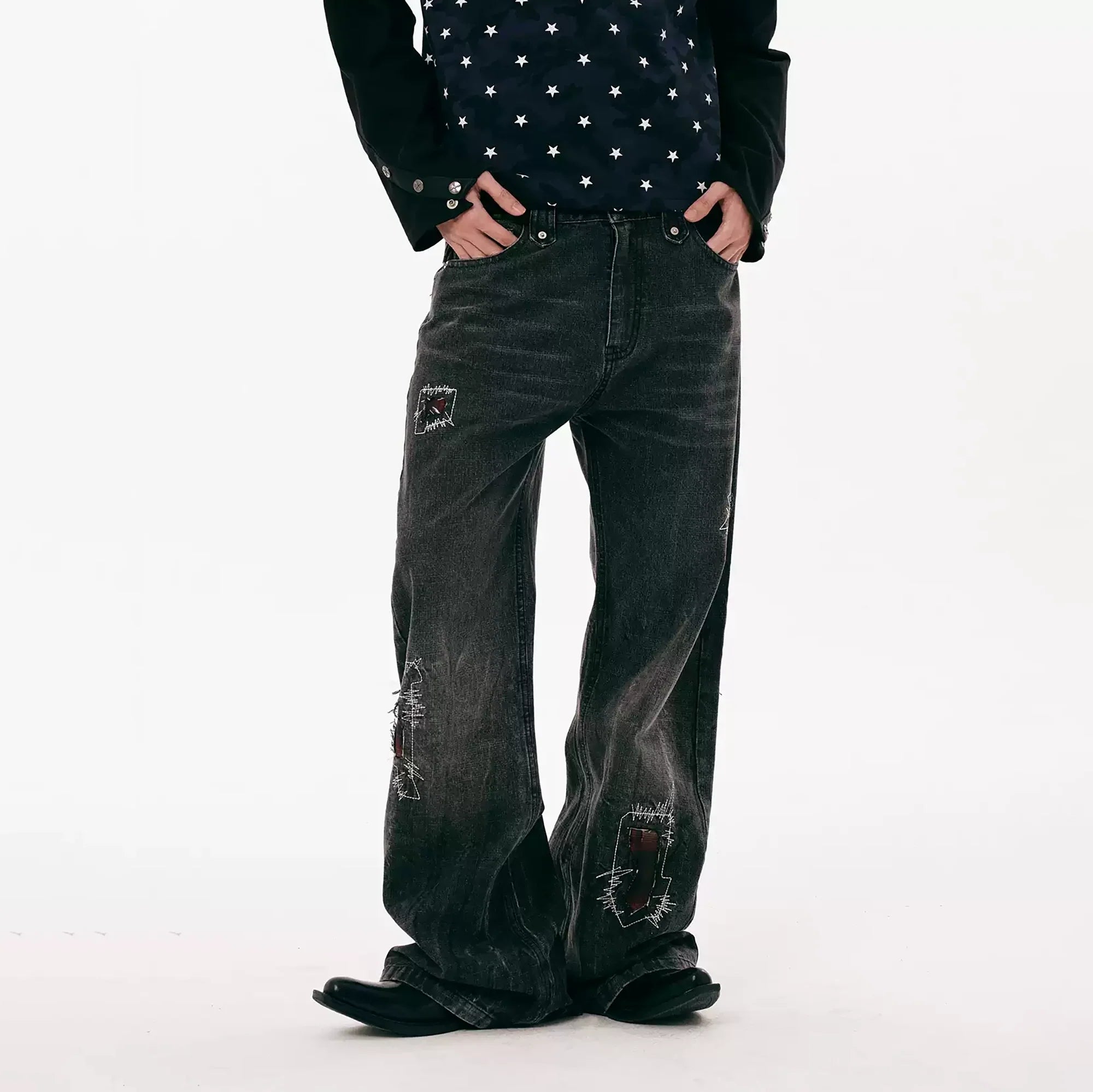 PASET Plaid Patch Distressed Back Buckle Jeans-Jeans-S / 28"-Free Shipping Leatheretro