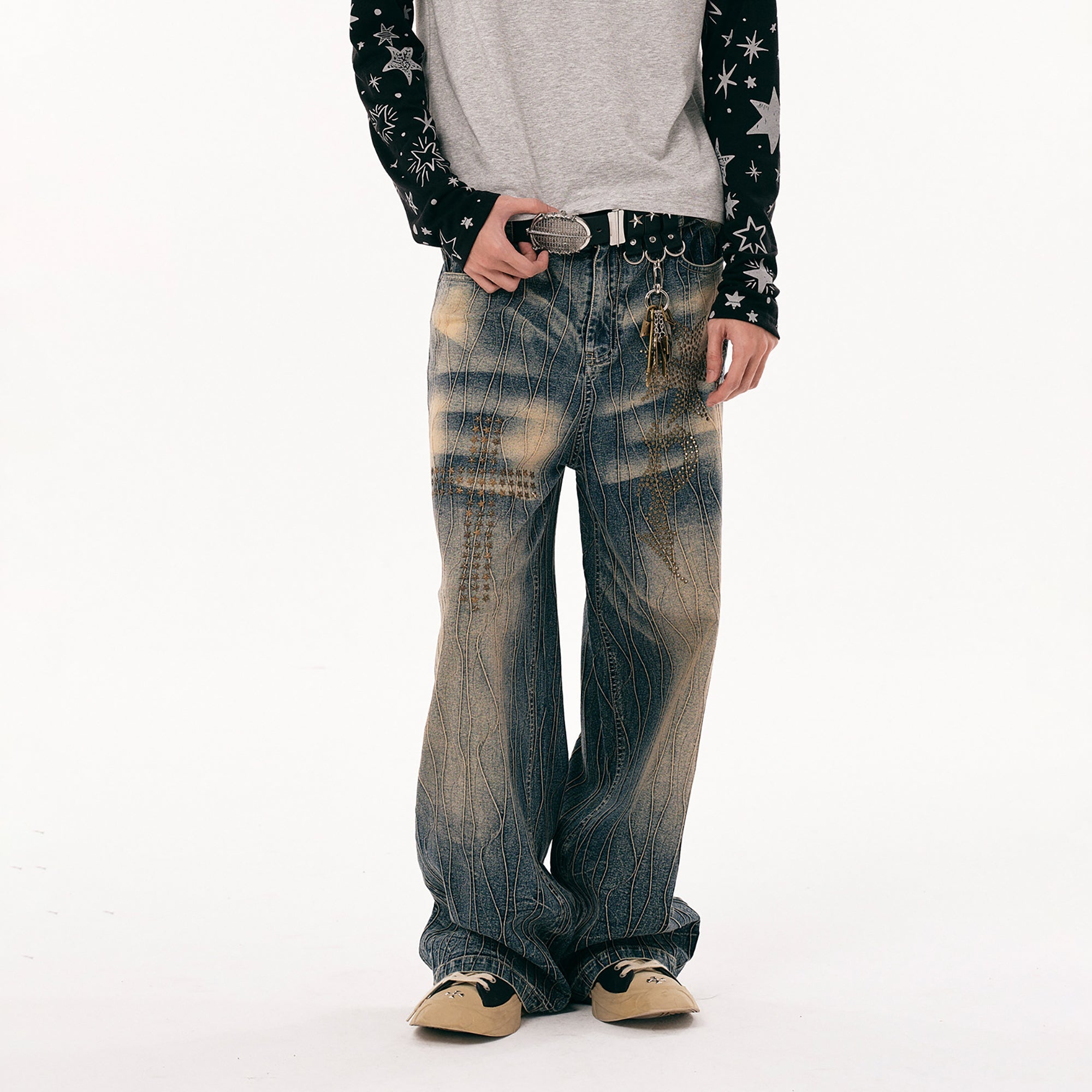 PASET Cross And Star Studded Wide-Leg Jeans-Jeans-S / 28"-Free Shipping Leatheretro