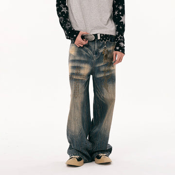 PASET Cross And Star Studded Wide-Leg Jeans-Jeans-S / 28"-Free Shipping Leatheretro