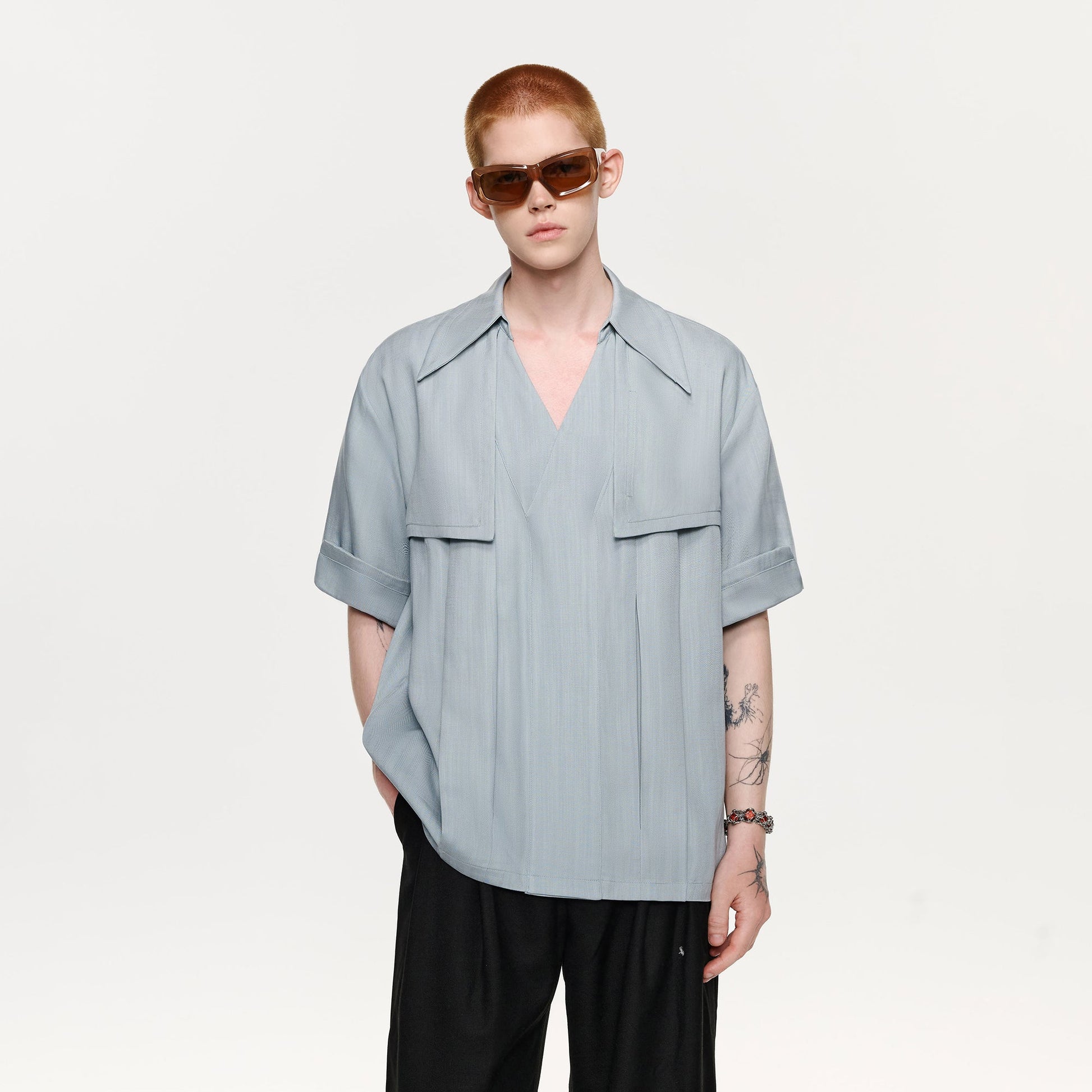 TIWILLTANG Layered Lapel Half Shirt-Half shirt-S-Blue-Free Shipping Leatheretro