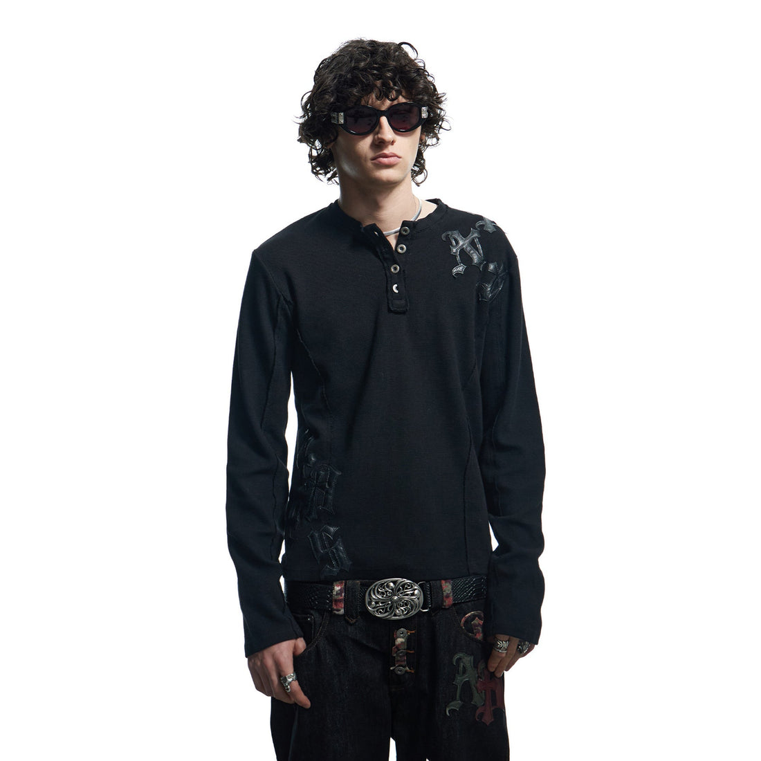 DND4DES Waffle-Knit Gothic Henley Long-Sleeve Tee-L/S Tee-S-Black-Free Shipping Leatheretro