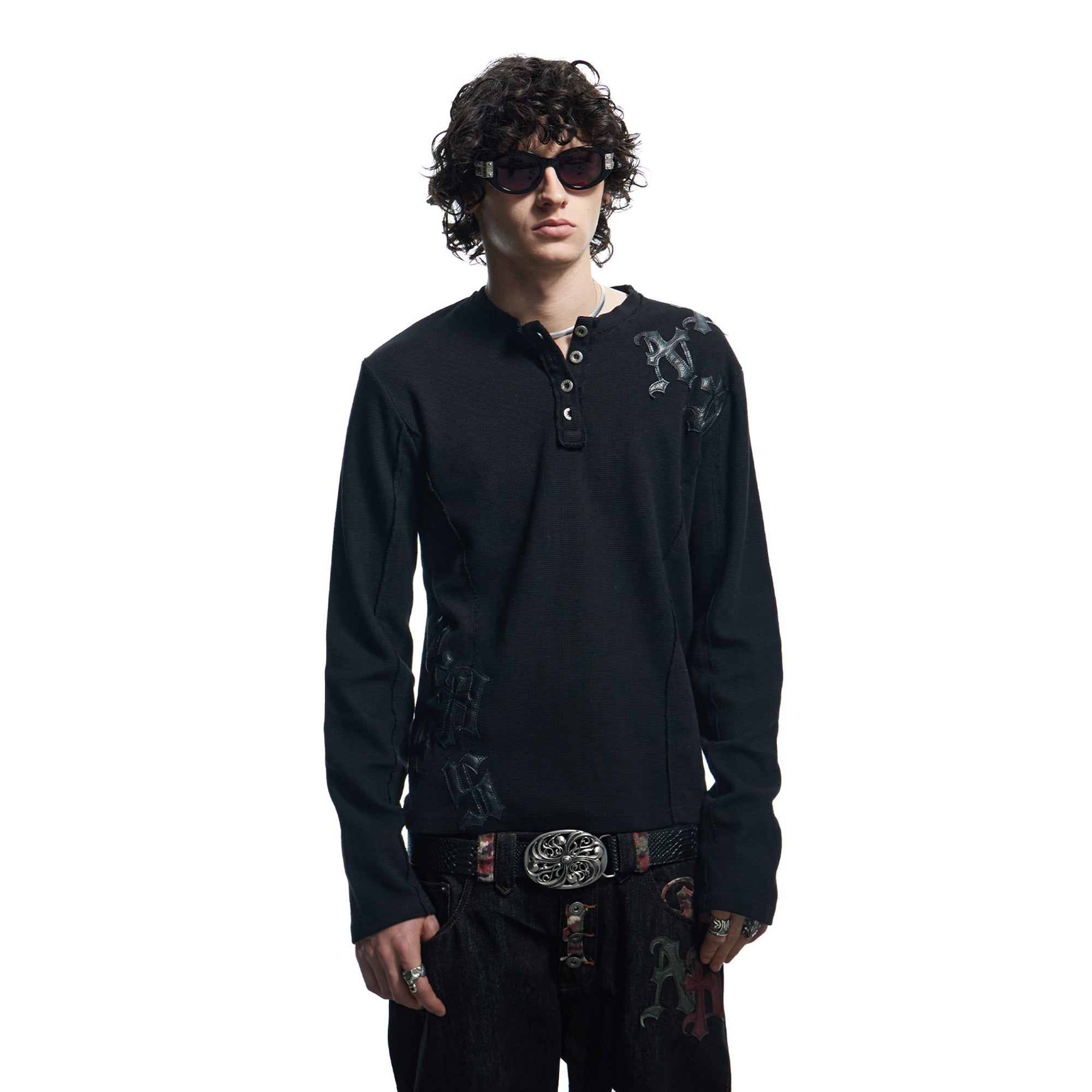 DND4DES Waffle-Knit Gothic Henley Long-Sleeve Tee-L/S Tee-S-Black-Free Shipping Leatheretro