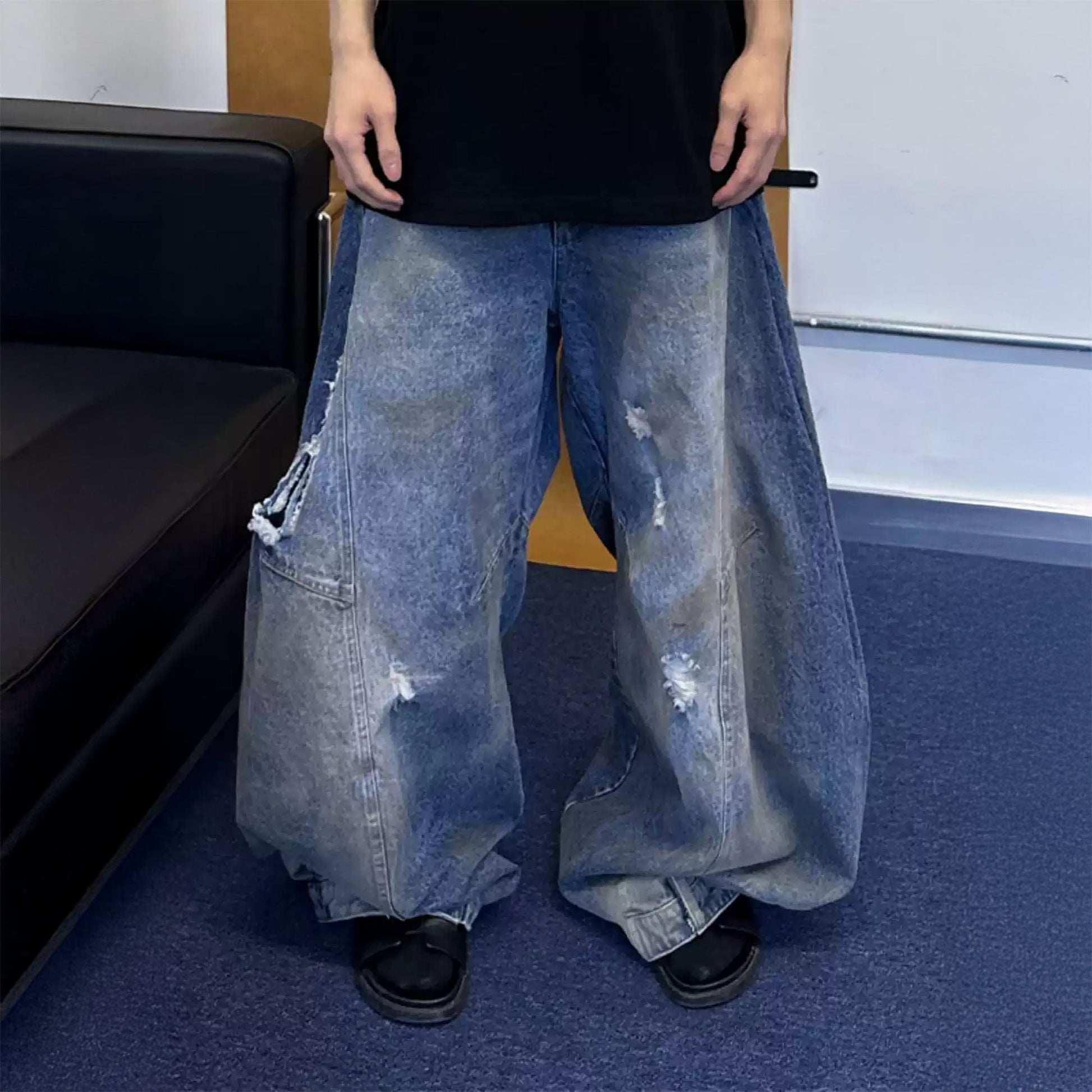 TRIANGLE PROJECT Distressed Dirty-Washed Oversized Jeans-Jeans-XS-Free Shipping Leatheretro