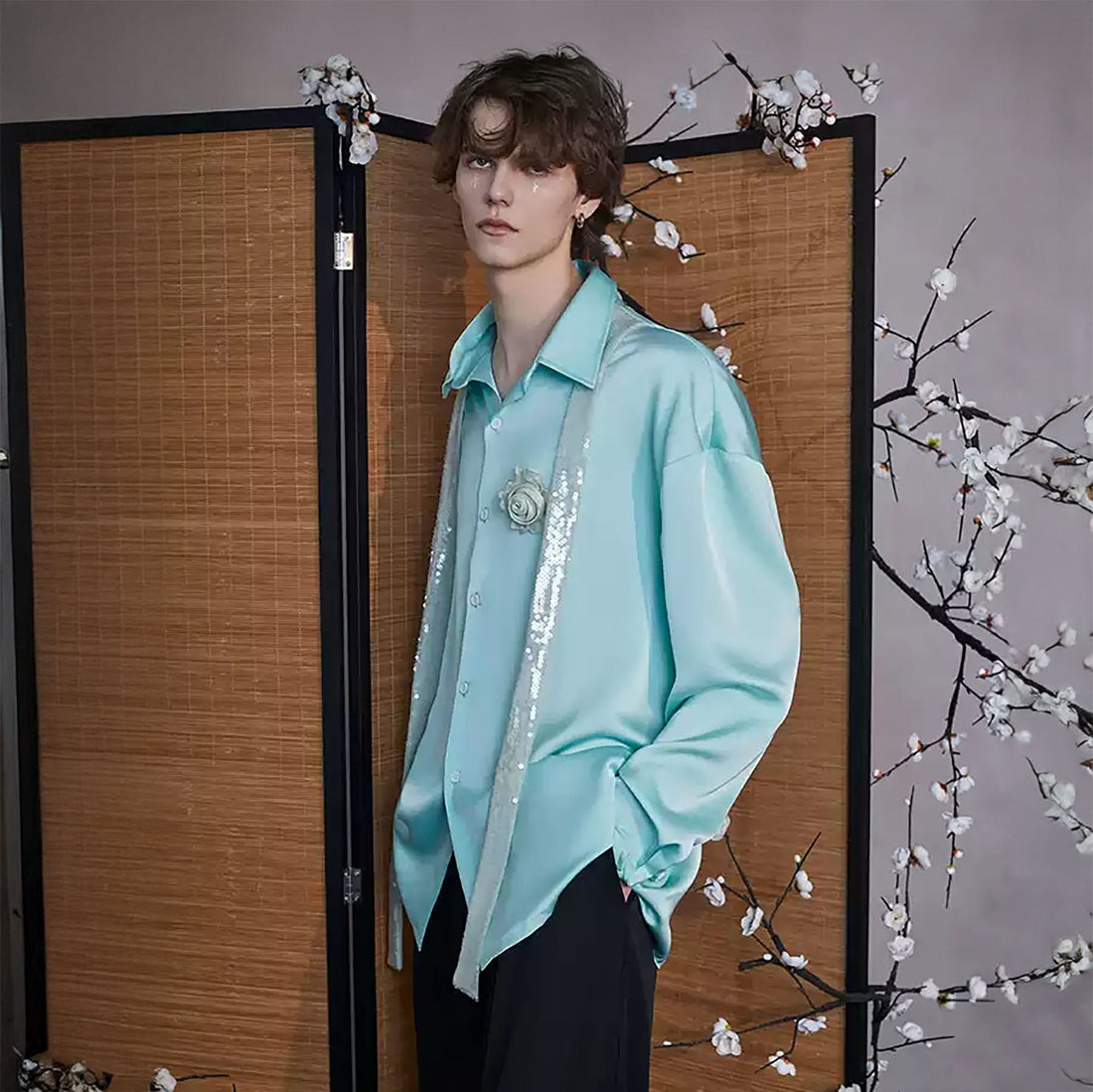 JIECHI Bloom Sequin-Draped Satin Shirt Aqua-Shirt-M-Free Shipping Leatheretro