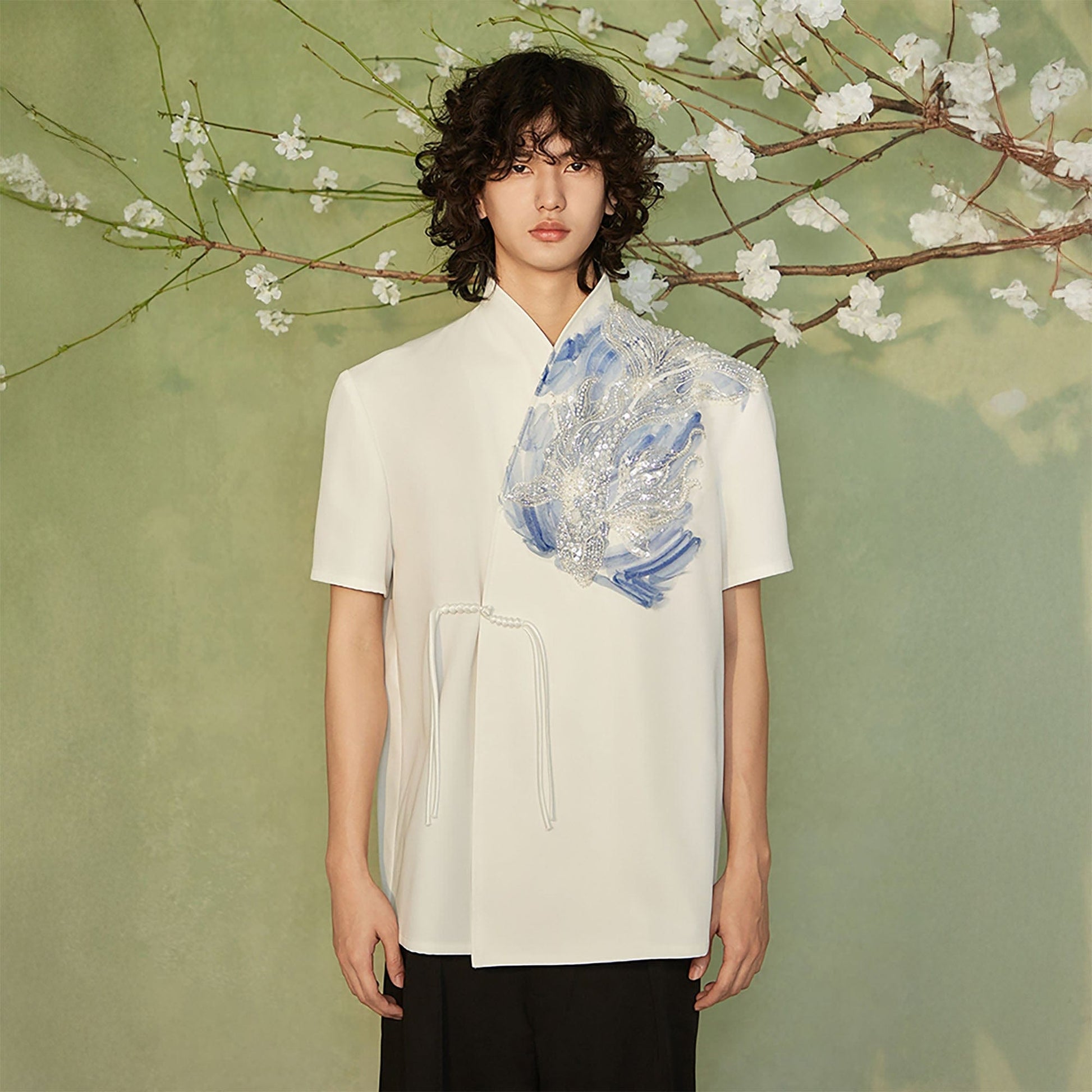 JIECHI Seascape Koi Embroidered Asymmetrical Half Shirt-Half shirt-M-Free Shipping Leatheretro