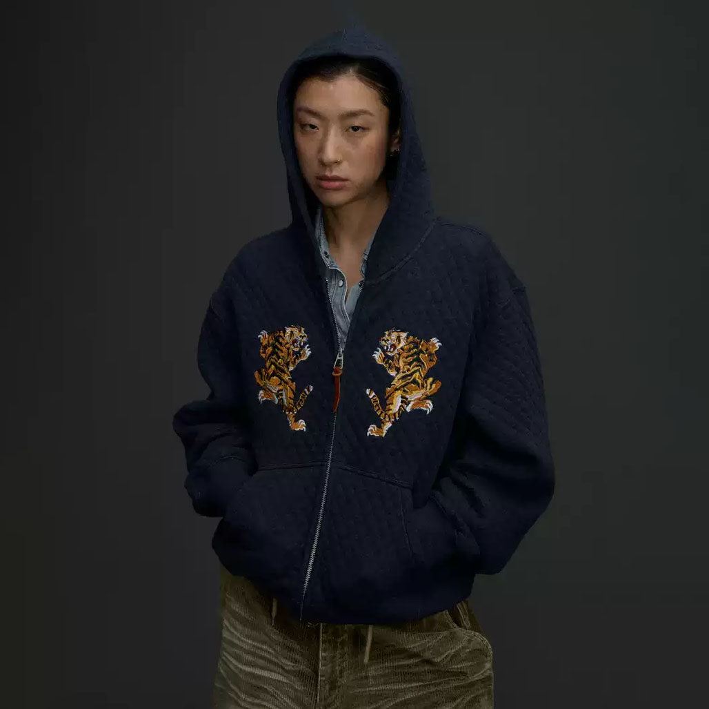 NIANJIUYIKOUER Tiger Embroidered Quilted Zip-Up Hoodie-Jacket-XXS-Blue-Free Shipping Leatheretro
