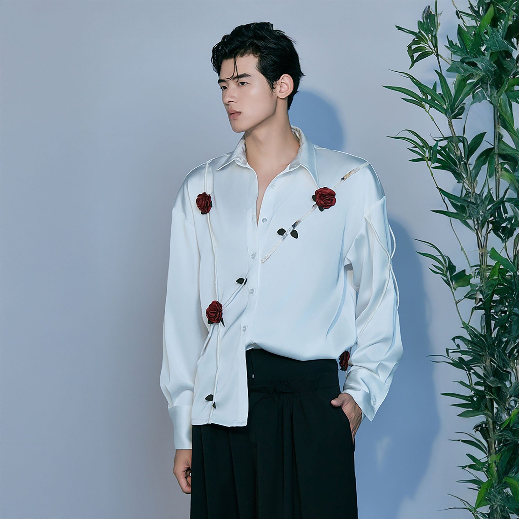 JIECHI Rose Embellished Acetate Spliced Shirt-Shirt-M-Free Shipping Leatheretro