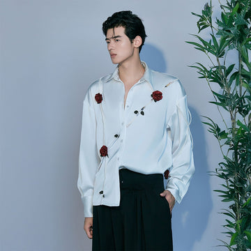JIECHI Rose Embellished Acetate Spliced Shirt-Shirt-M-Free Shipping Leatheretro
