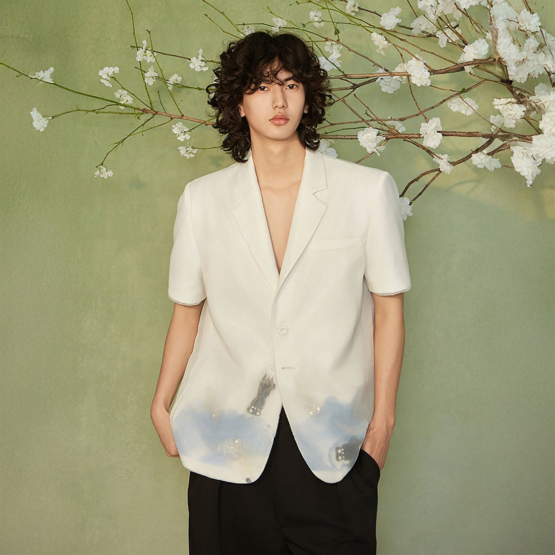 JIECHI Water-Ink Koi Embroidered Sheer Overlay Half Blazer-Half shirt-M-Free Shipping Leatheretro