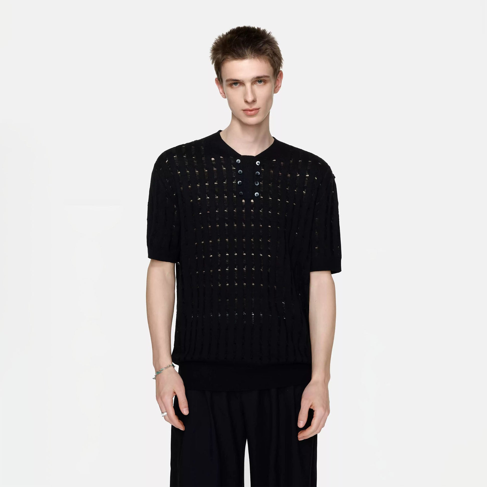 TIWILLTANG Essential Openwork Knitted T Shirt-T Shirt-S-Black-Free Shipping Leatheretro