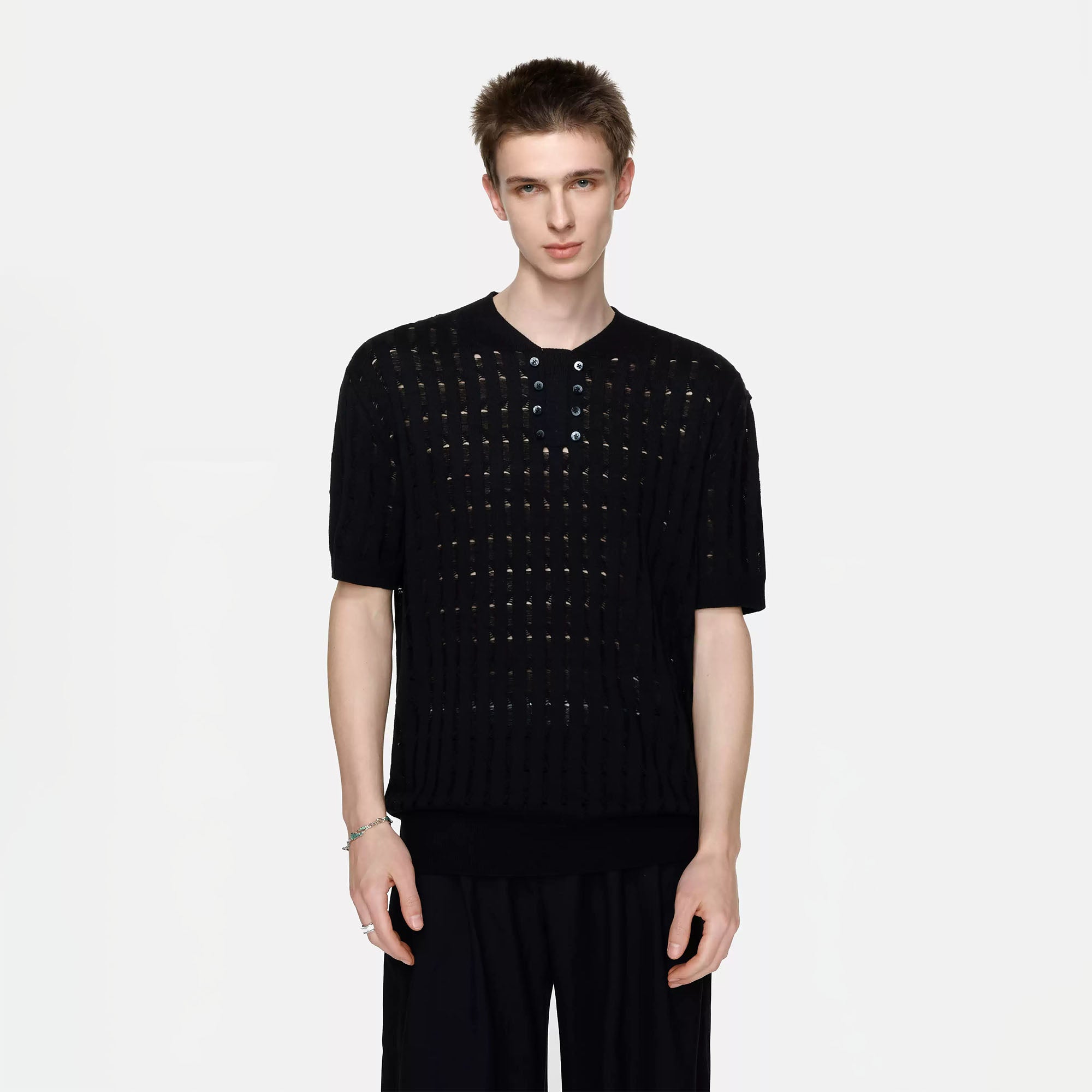 TIWILLTANG Essential Openwork Knitted T Shirt-T Shirt-S-Black-Free Shipping Leatheretro