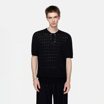 TIWILLTANG Essential Openwork Knitted T Shirt-T Shirt-S-Black-Free Shipping Leatheretro
