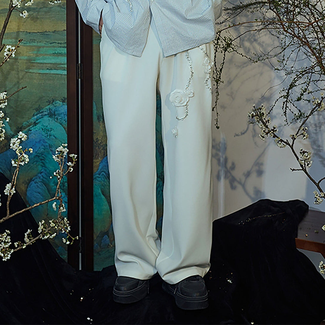 JIECHI Vine Rose Embroidered Trousers-Pants-M-Free Shipping Leatheretro