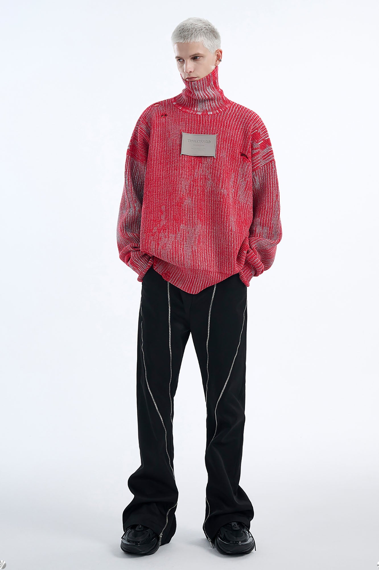 TIWILLTANG Distressed Foil High-Neck Sweater-Sweater-S-Red-Free Shipping Leatheretro