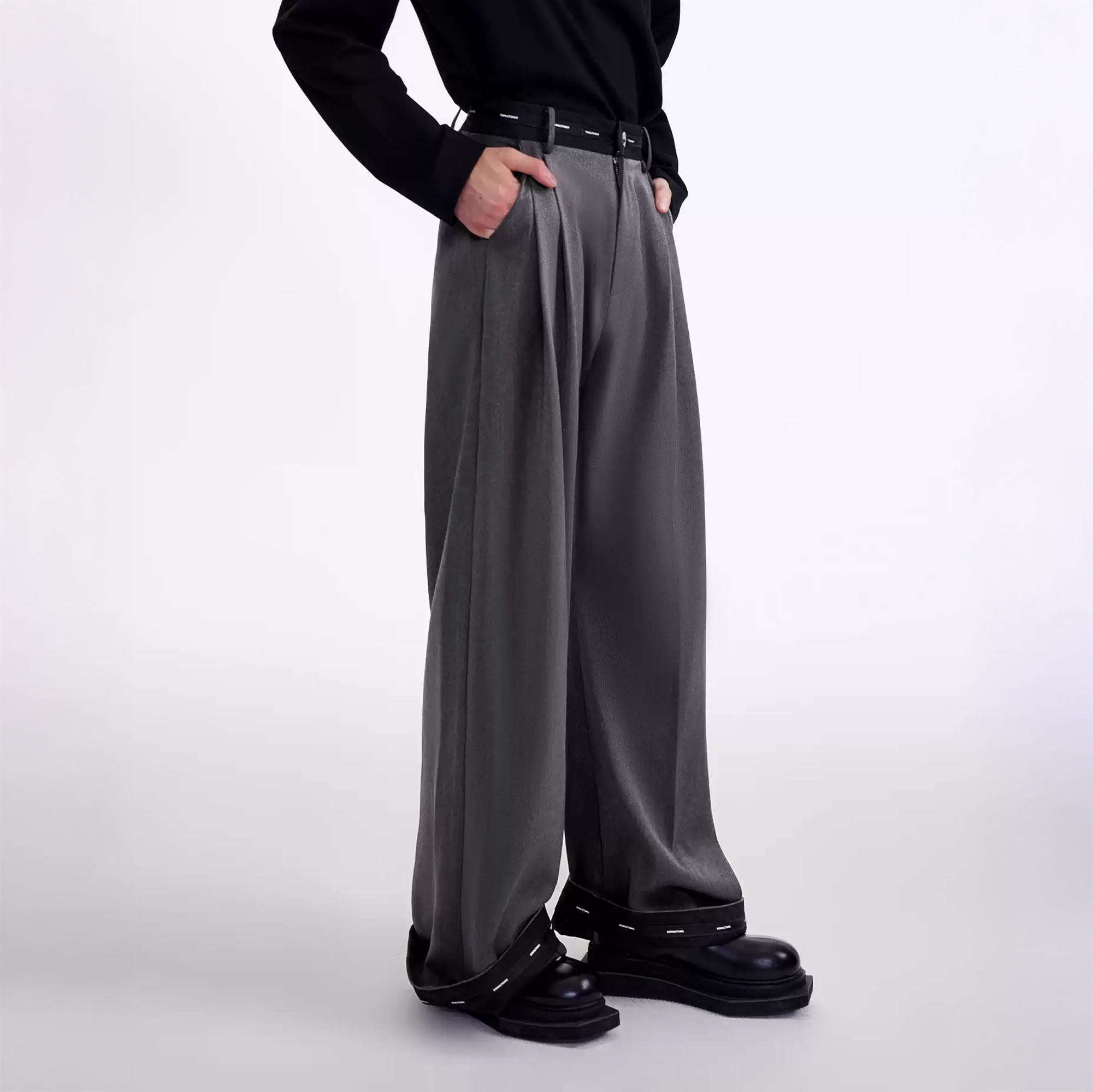 TIWILLTANG Contrast Panel Pleated Straight-Leg Pants-Pants-S-Black-Free Shipping Leatheretro