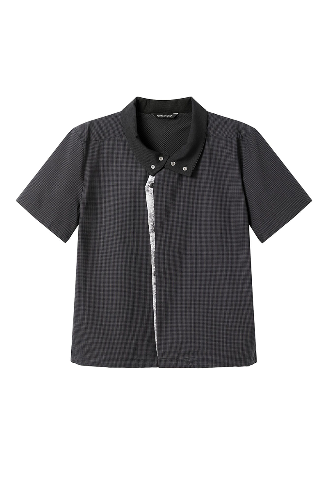 ALVNG AR ANTS Asymmetrical Snap Placket Mini Check Half Shirt-Half shirt-S-Dark Blue-Free Shipping Leatheretro