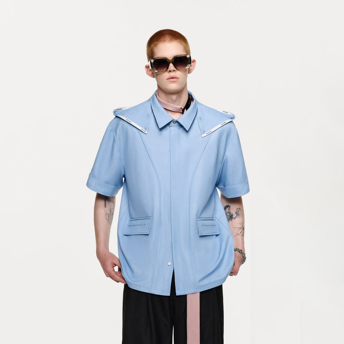 TIWILLTANG Hidden Placket Detachable Hood Half Shirt-Half shirt-S-Blue-Free Shipping Leatheretro