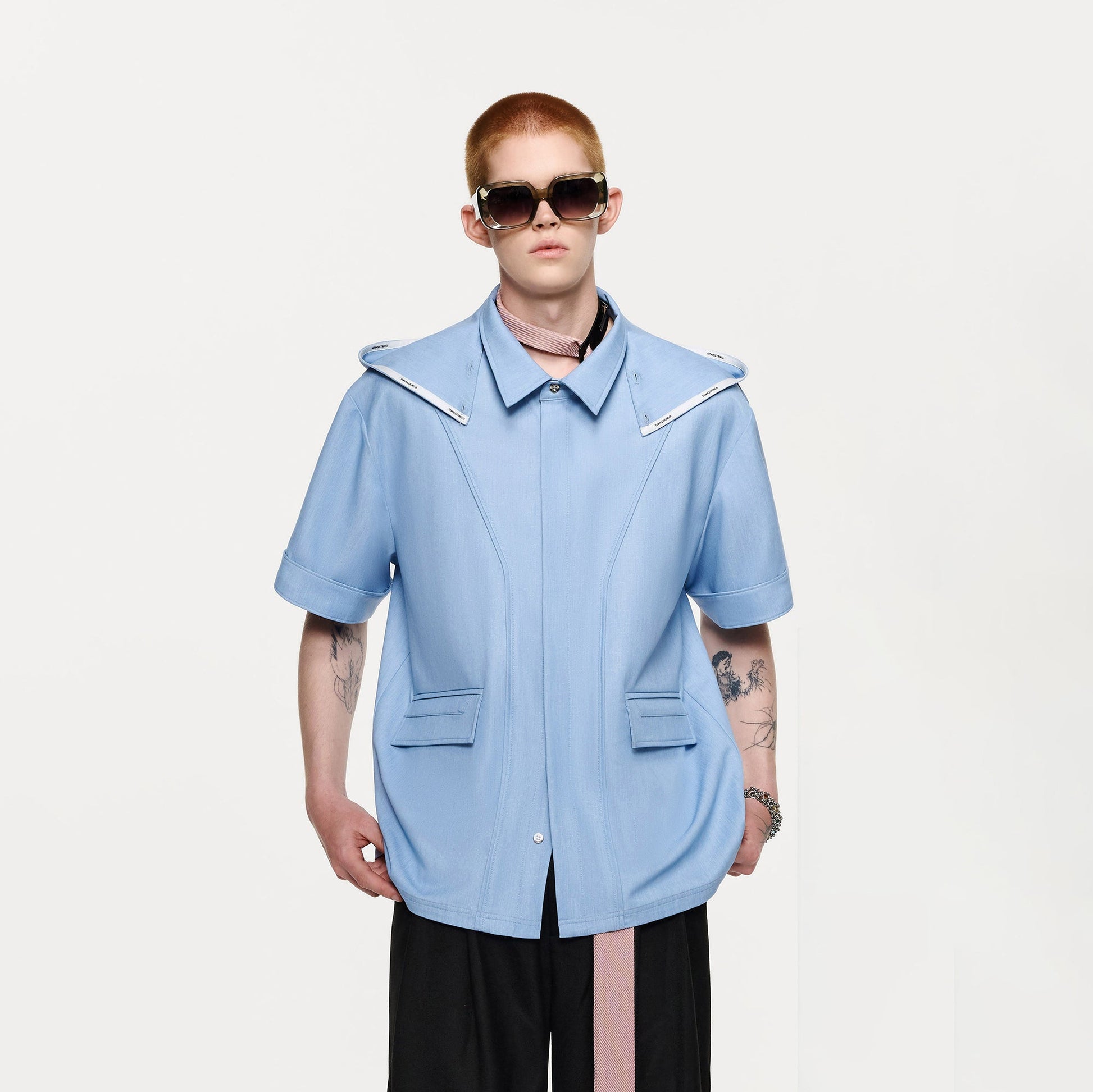 TIWILLTANG Hidden Placket Detachable Hood Half Shirt-Half shirt-S-Blue-Free Shipping Leatheretro