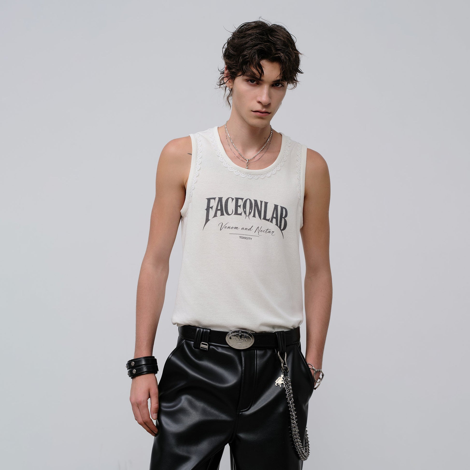 FACEONLAB Lace Trim Gothic Letters Sleeveless Tank-Tank Top-M-White-Free Shipping Leatheretro
