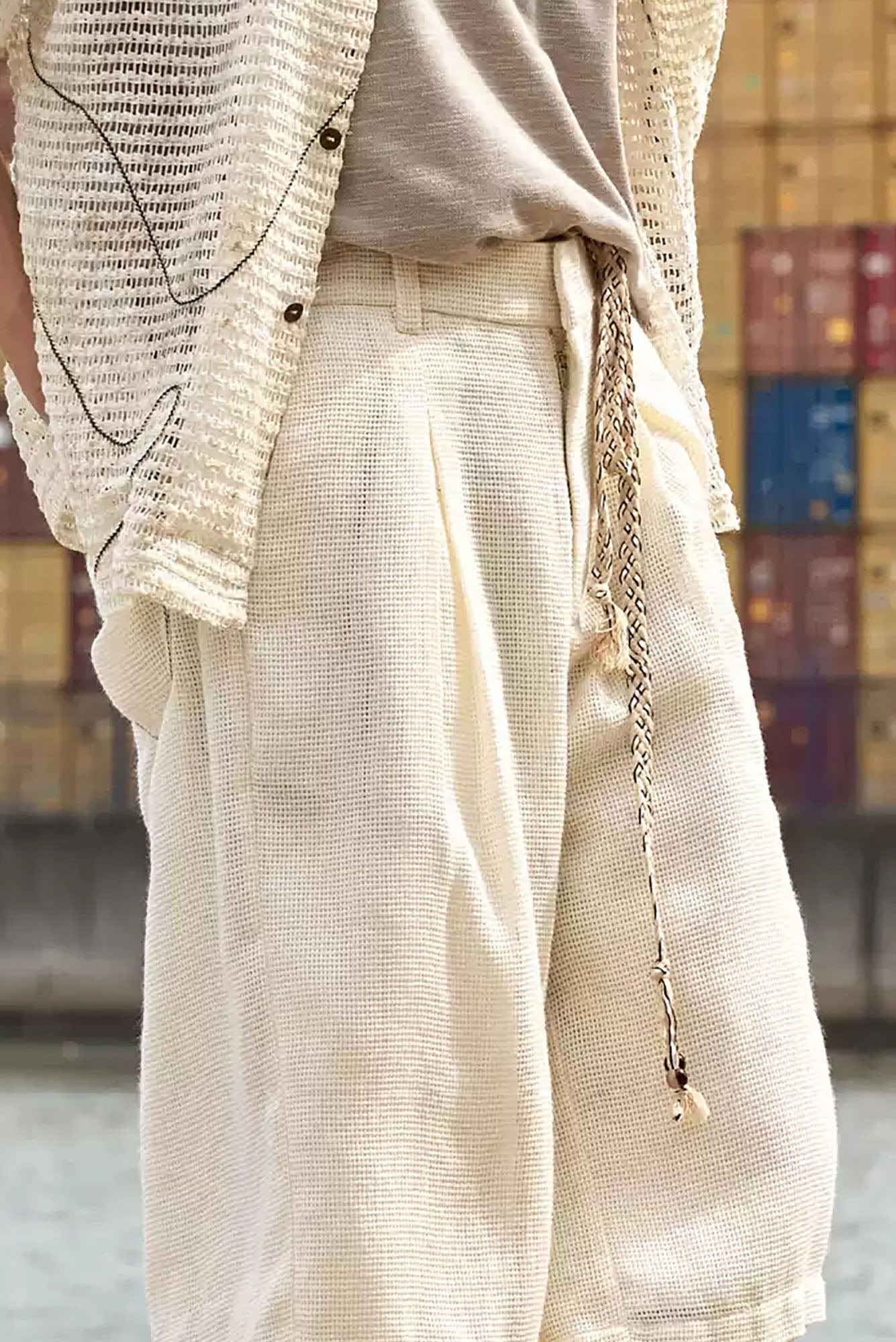 ALVNG AR ANTS Textured Mesh Pleated Braided Tassel Belt Shorts-Pants-S-Apricot-Free Shipping Leatheretro