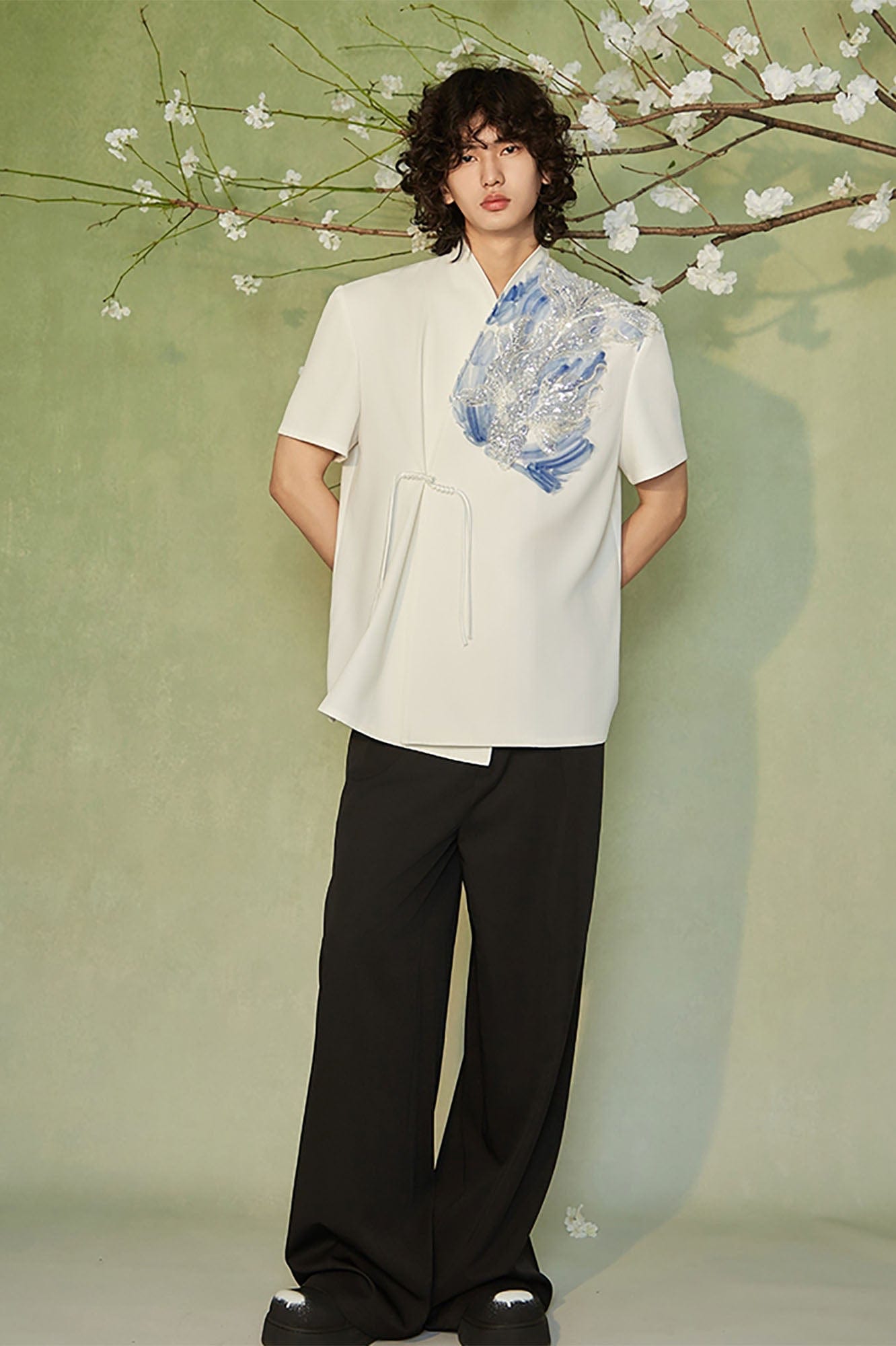 JIECHI Seascape Koi Embroidered Asymmetrical Half Shirt-Half shirt-M-Free Shipping Leatheretro