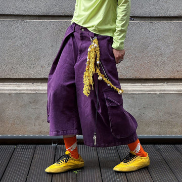 RELABEL Detachable Scarf Washed Multi-Pocket Wide-Leg Shorts Purple-Shorts-XS-Free Shipping Leatheretro