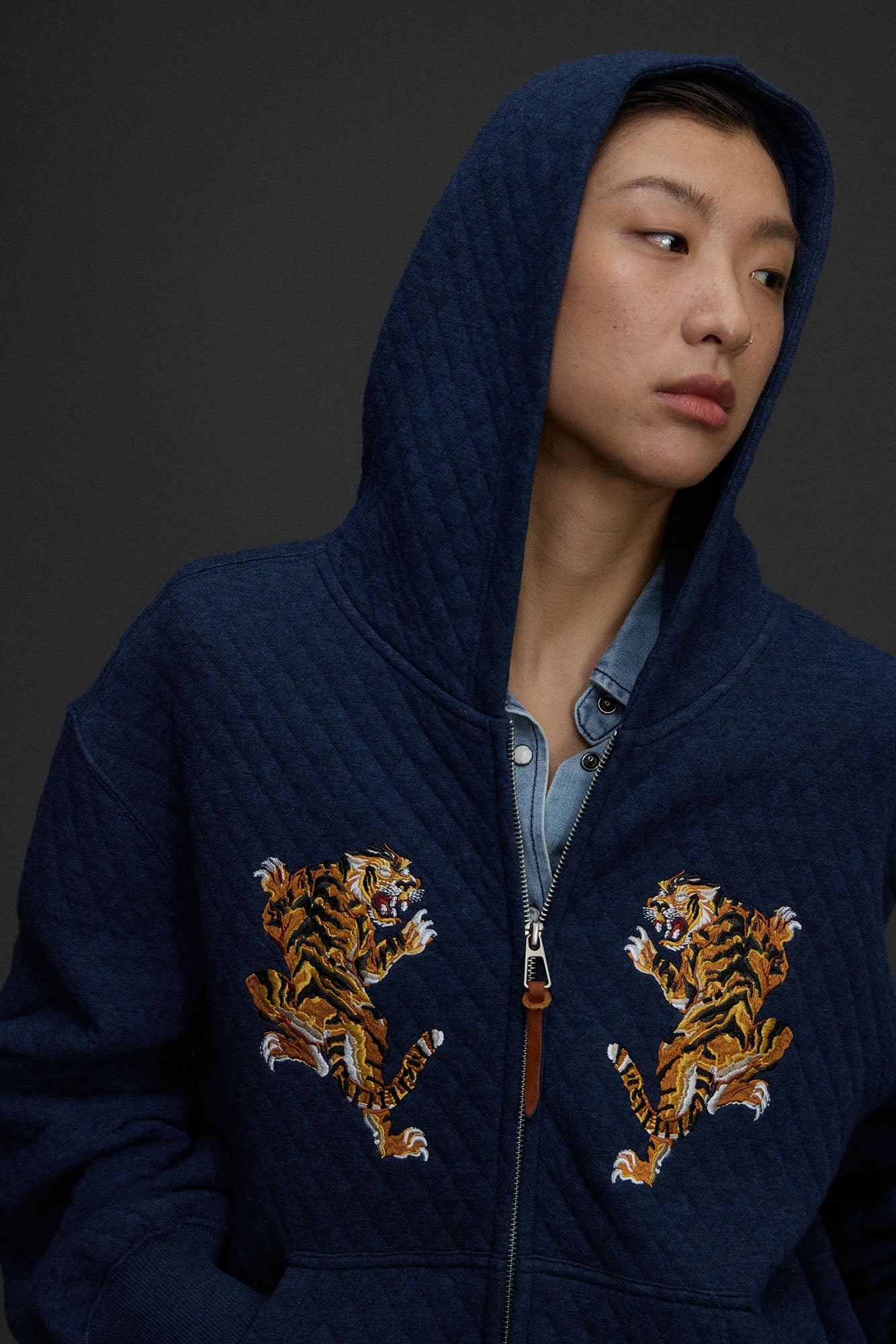 NIANJIUYIKOUER Tiger Embroidered Quilted Zip-Up Hoodie-Jacket-XXS-Gray-Free Shipping Leatheretro