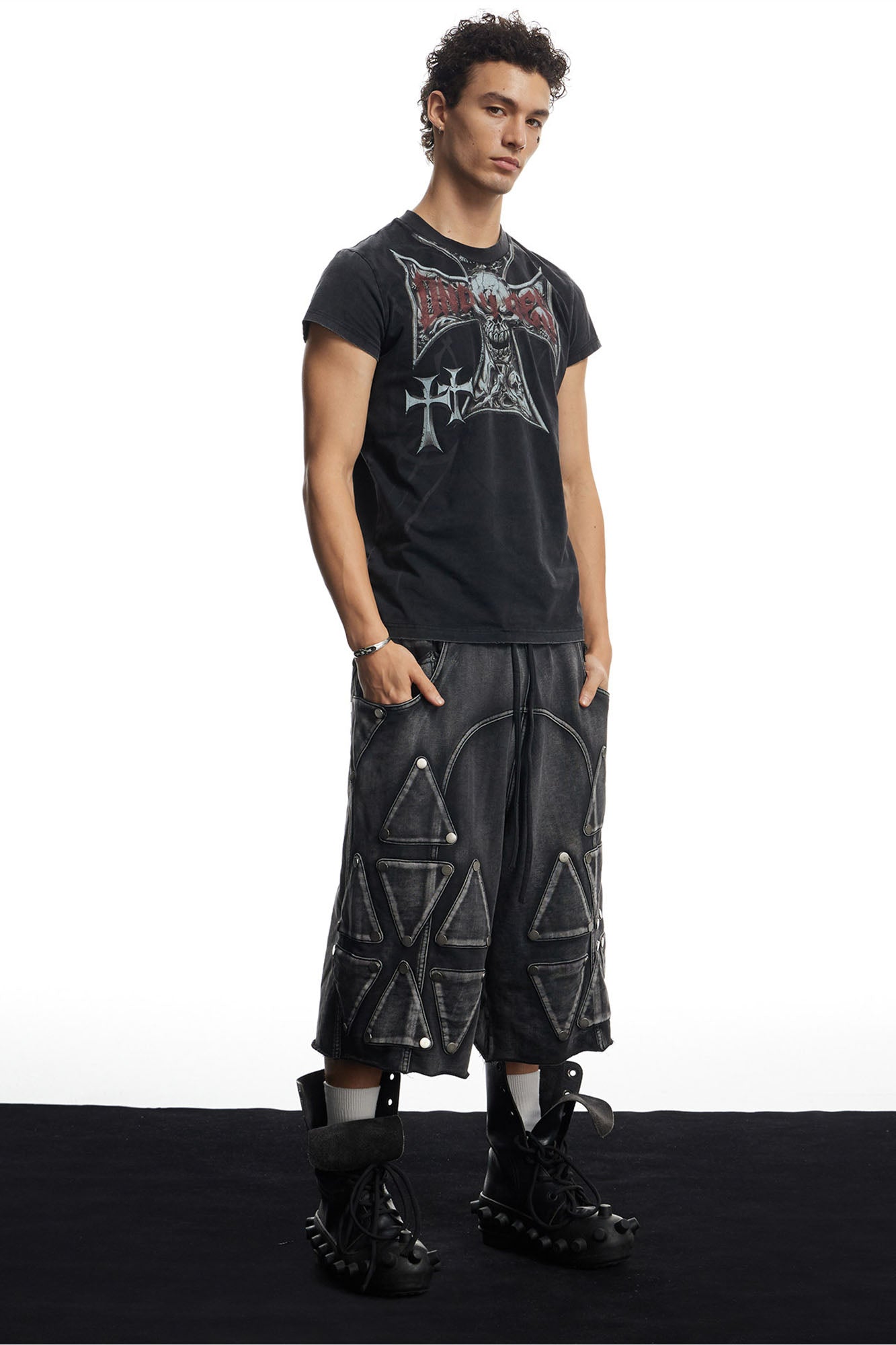 DND4DES Washed Geometric Panel Shorts-Shorts-S (Preorder)-Free Shipping Leatheretro