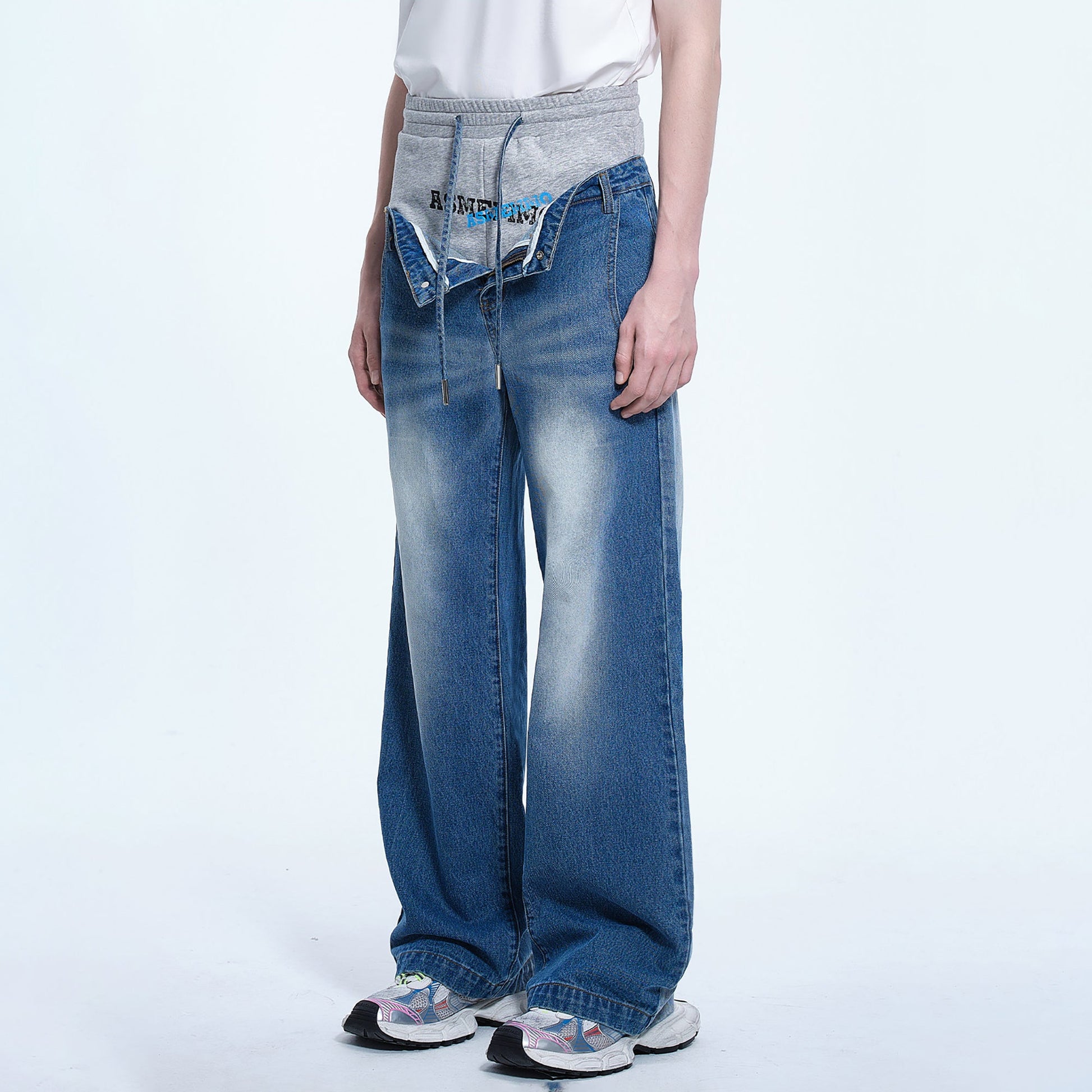 TIWILLTANG Layered Sweatband Washed Denim Pants-Jeans-S-Blue-Free Shipping Leatheretro