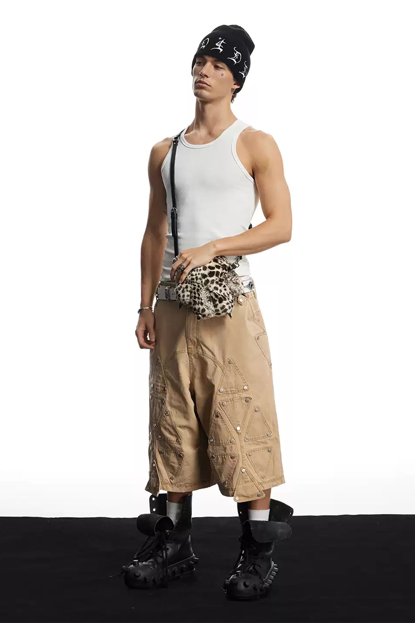 DND4DES Geometric Panel Studded Wide-Leg Shorts-Shorts-S (Preorder)-Free Shipping Leatheretro