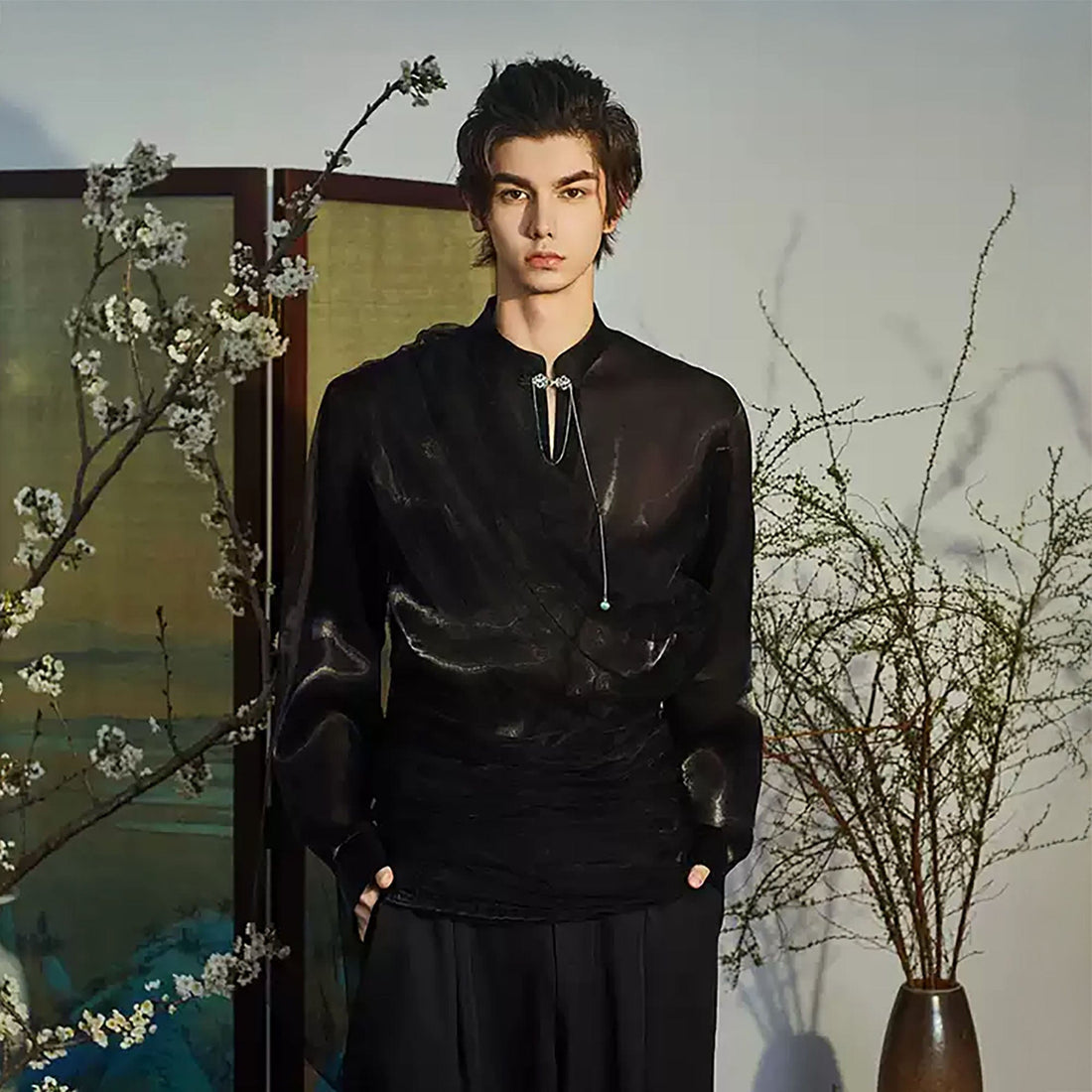 JIECHI Draped Sheer Brooch Organza Shirt-Shirt-M-Free Shipping Leatheretro