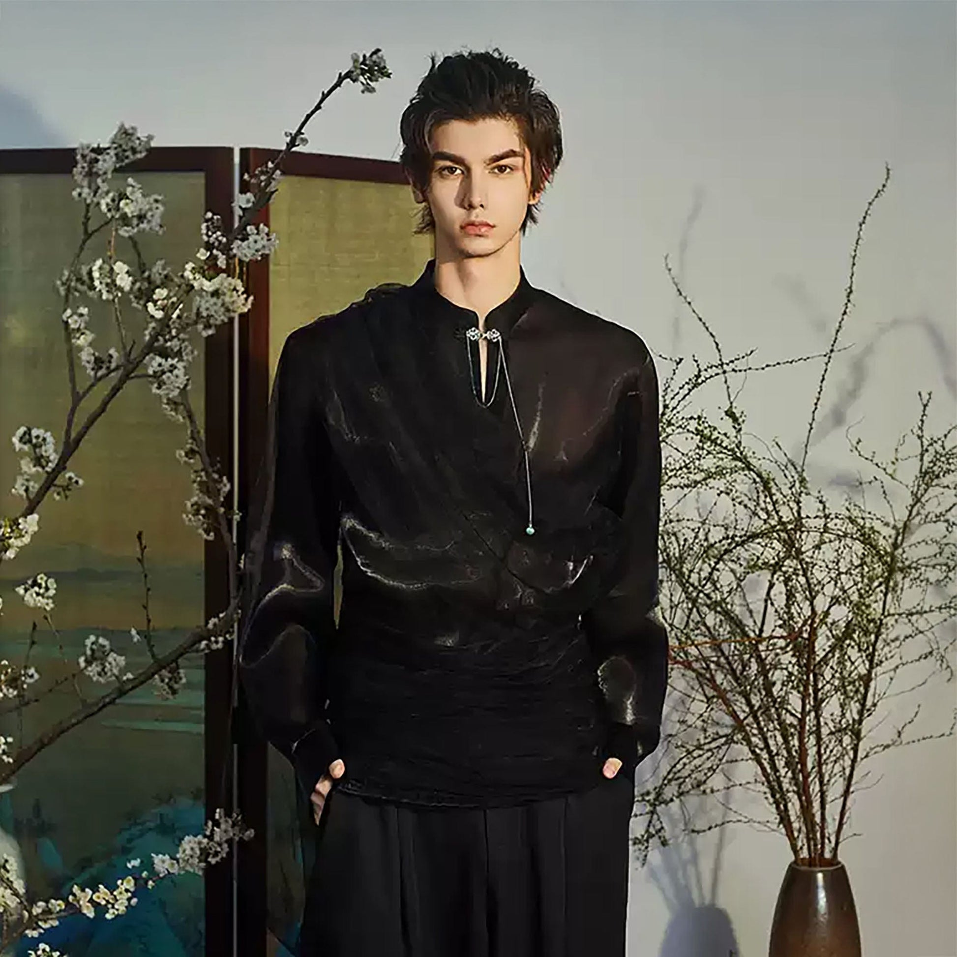JIECHI Draped Sheer Brooch Organza Shirt-Shirt-M-Free Shipping Leatheretro