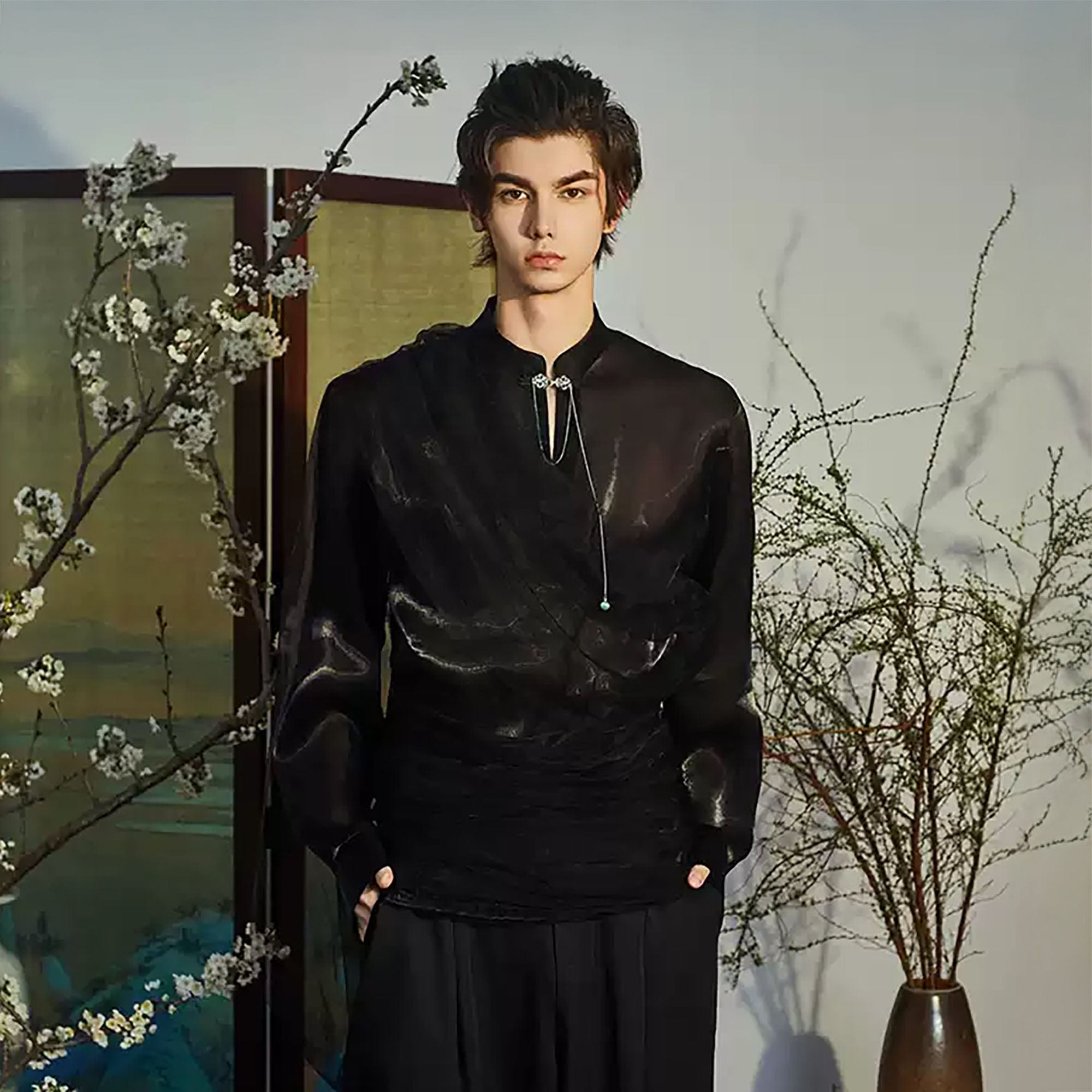 JIECHI Draped Sheer Brooch Organza Shirt-Shirt-M-Free Shipping Leatheretro