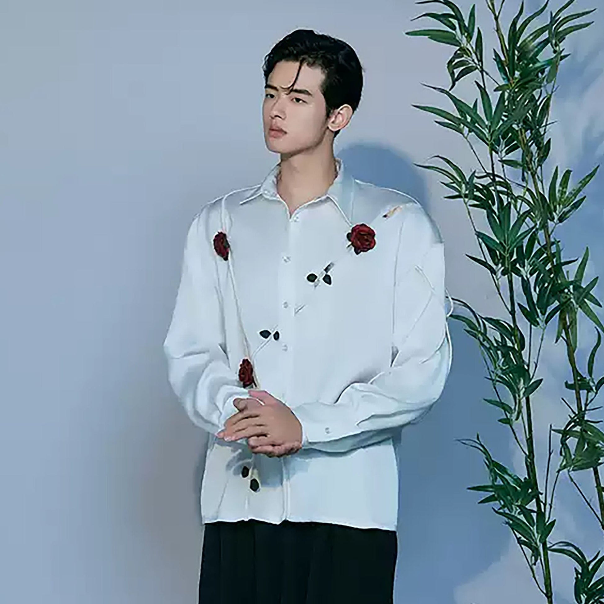 JIECHI Rose Embellished Acetate Spliced Shirt-Shirt-M-Free Shipping Leatheretro