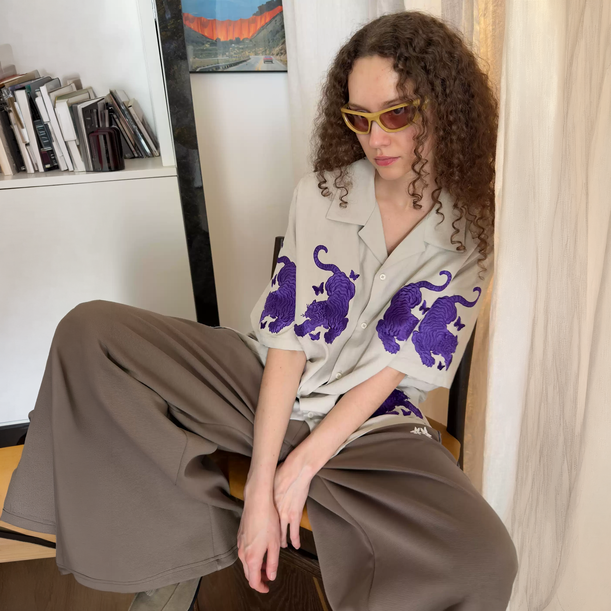 MIICHOUS Tiger Butterfly Satin Embroidered Half Shirt-Half shirt-S (Preorder)-Gray-Free Shipping Leatheretro