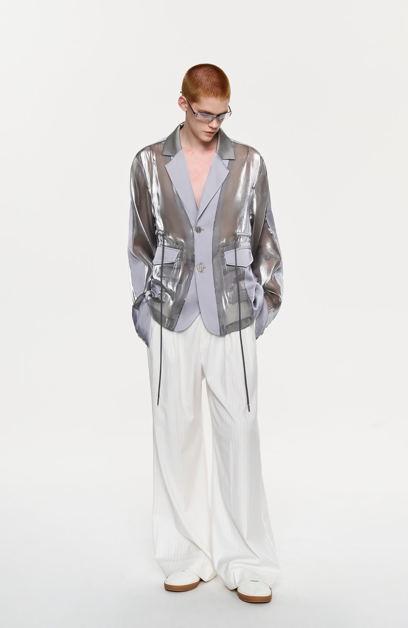 TIWILLTANG Drawstring Lustrous Paneled Blazer-Jacket-S-Free Shipping Leatheretro