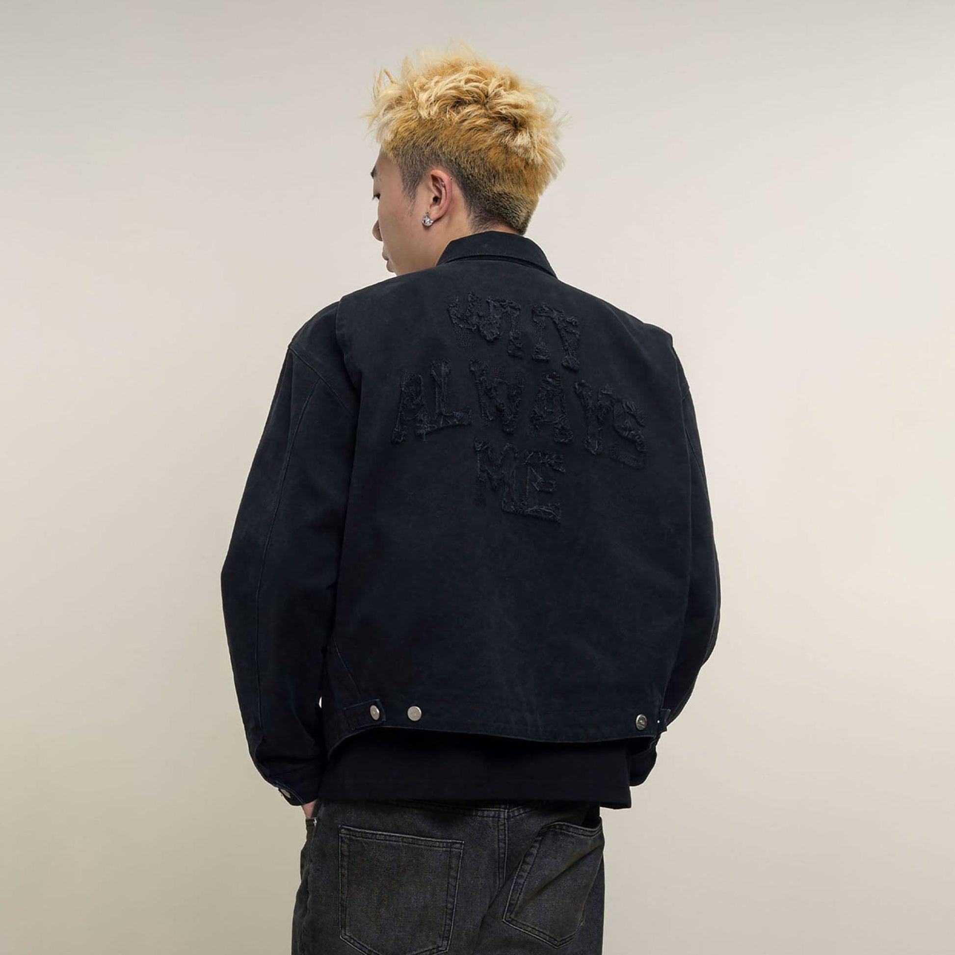 MAKEMORE Distressed Frayed Patch Utility Jacket-Jacket-M-Black-Free Shipping Leatheretro