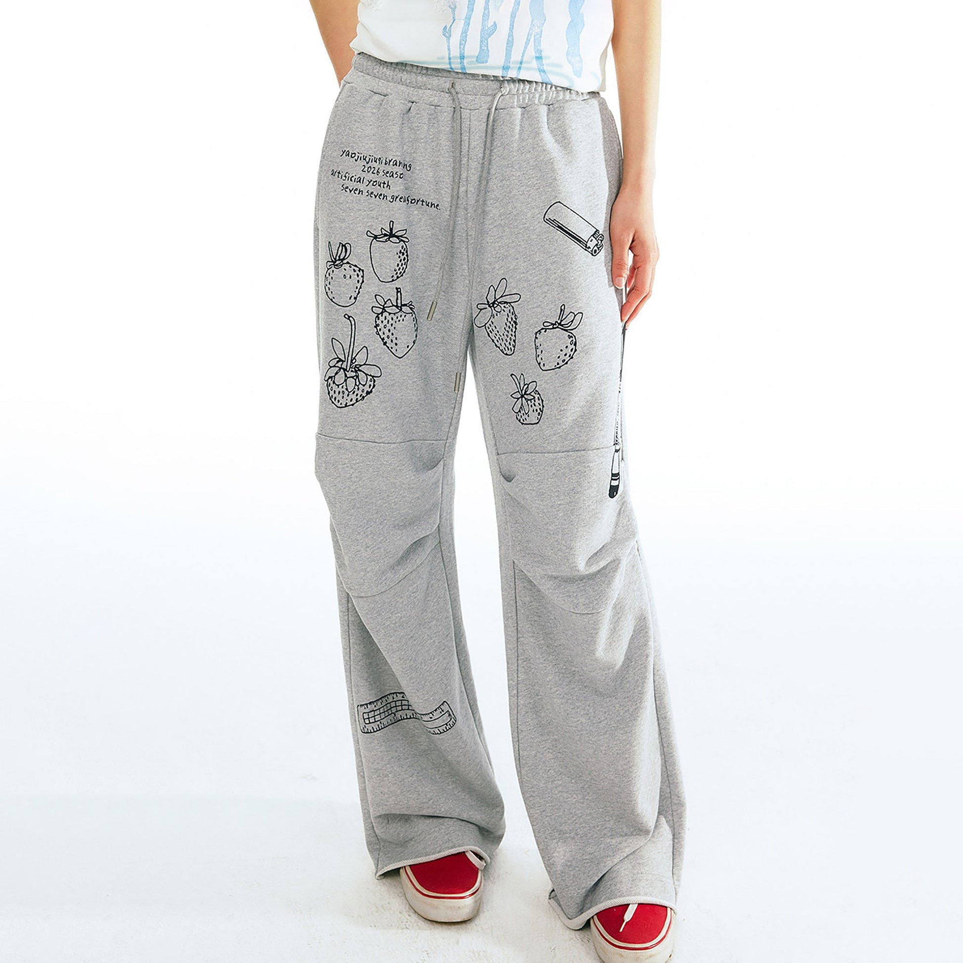 1997 POSTOFFICE Strawberry Graphic Pleated Wide-Leg Sweatpants-Pants-S (Preorder)-Free Shipping Leatheretro