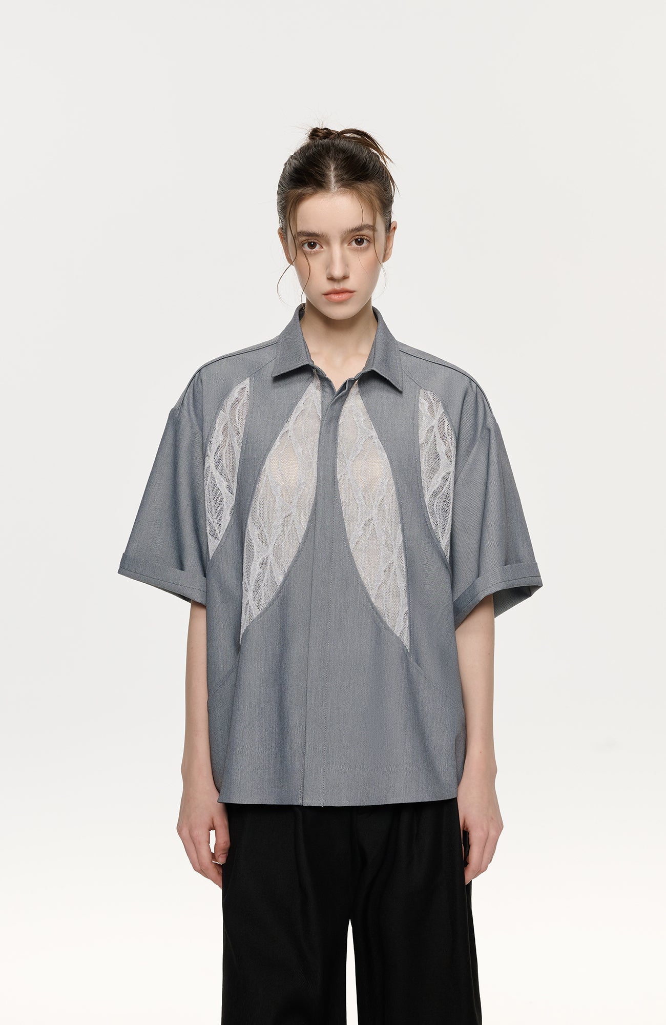 TIWILLTANG Leaf Lace Paneled Half Shirt-Half shirt-S-Free Shipping Leatheretro
