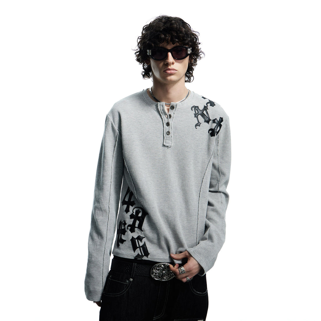 DND4DES Waffle-Knit Gothic Henley Long-Sleeve Tee-L/S Tee-S-Black-Free Shipping Leatheretro