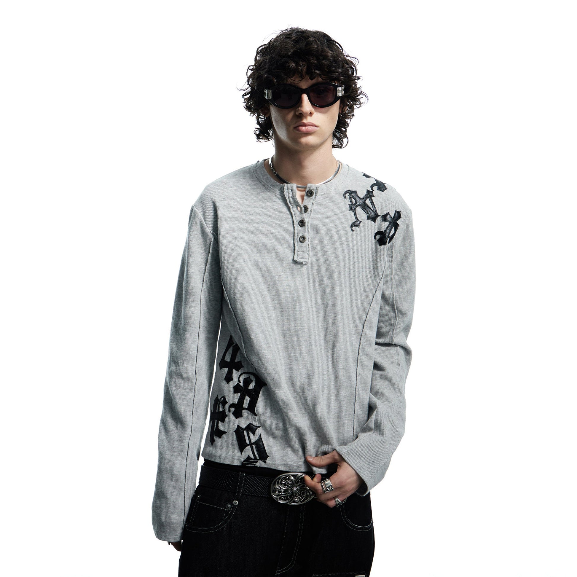 DND4DES Waffle-Knit Gothic Henley Long-Sleeve Tee-L/S Tee-S-Gray-Free Shipping Leatheretro