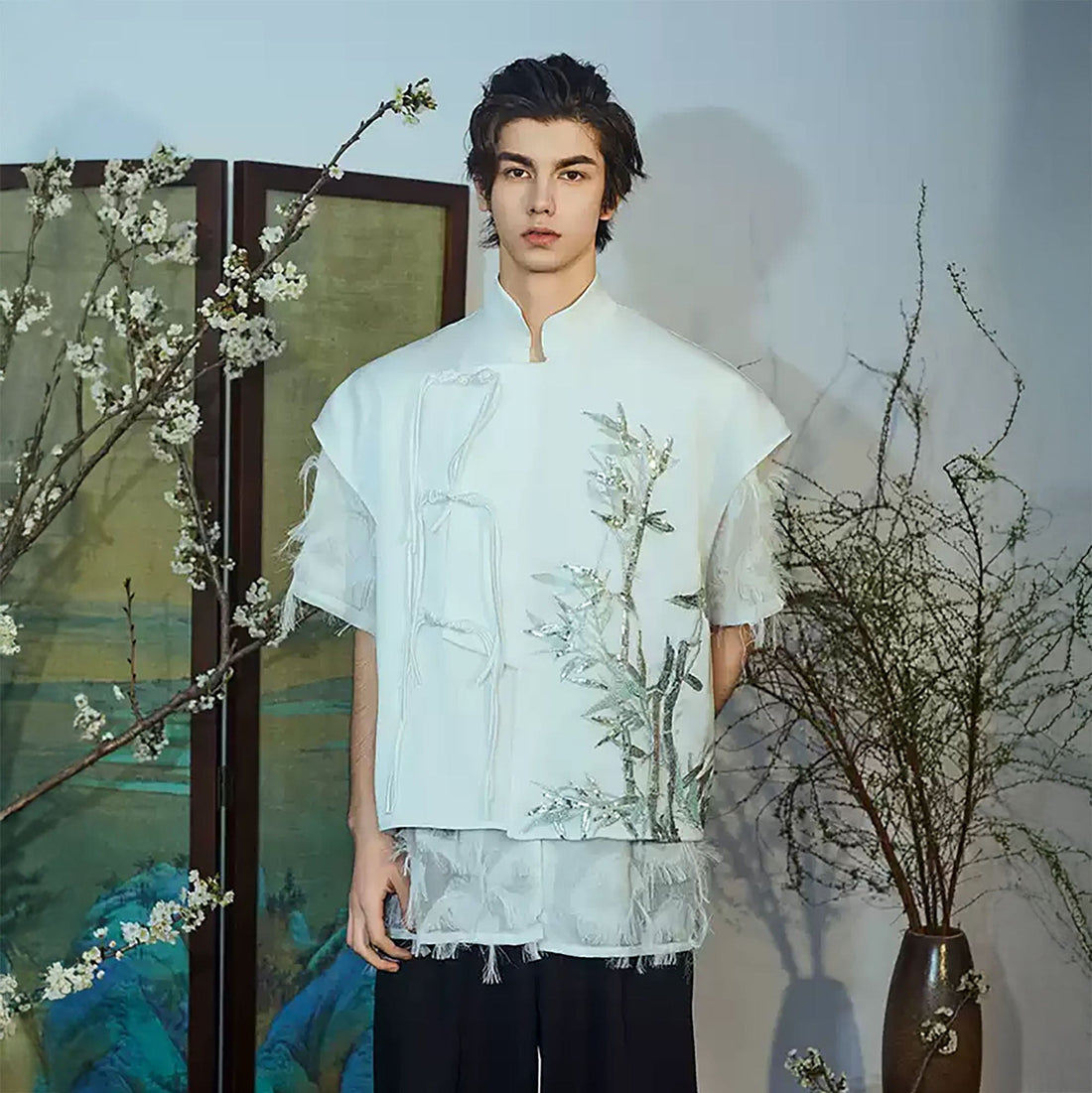 JIECHI Embroidered Bamboo Layered Mandarin Collar Half Shirt-Half shirt-M-Free Shipping Leatheretro